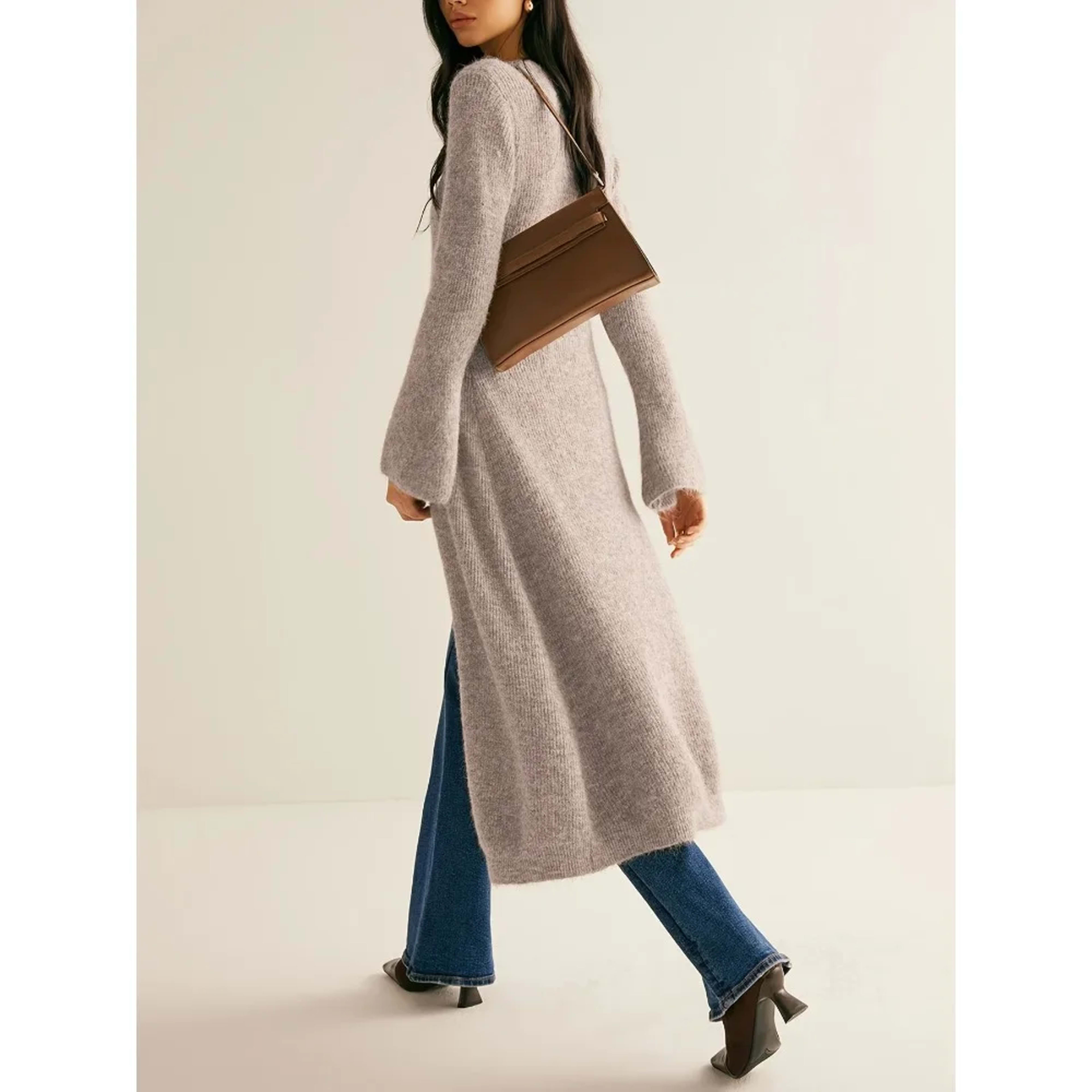 Women's Dress: High-end French V-neck Slimming Knitted Cardigan, Mid-length Solid-color Knitted Long Dress for Women Win 2
