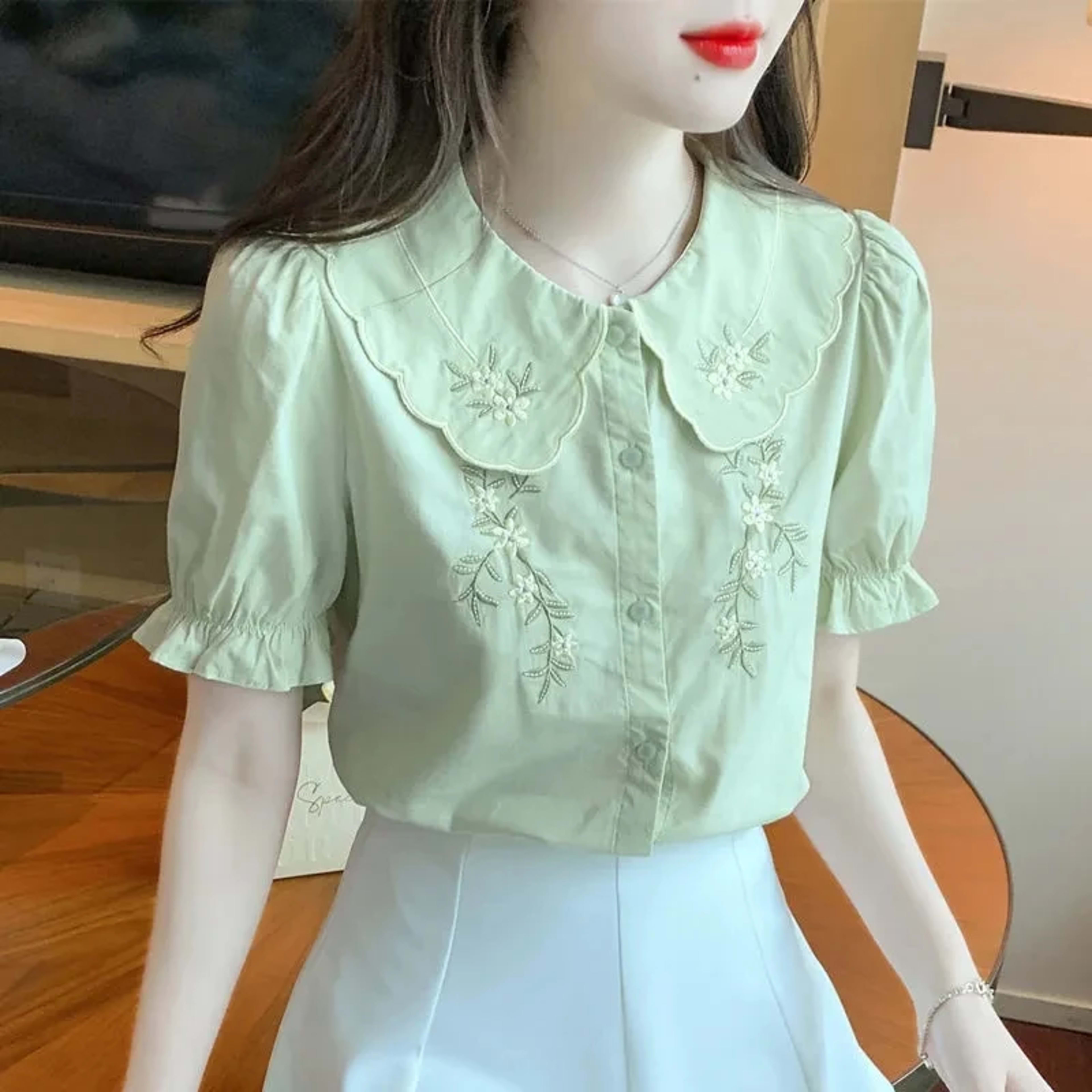 Women's Blouse 2025 Spring Summer Embroidery Short Sleeve Ladies Shirt Comfortable Solid Color Versatile Temperament Lad 5
