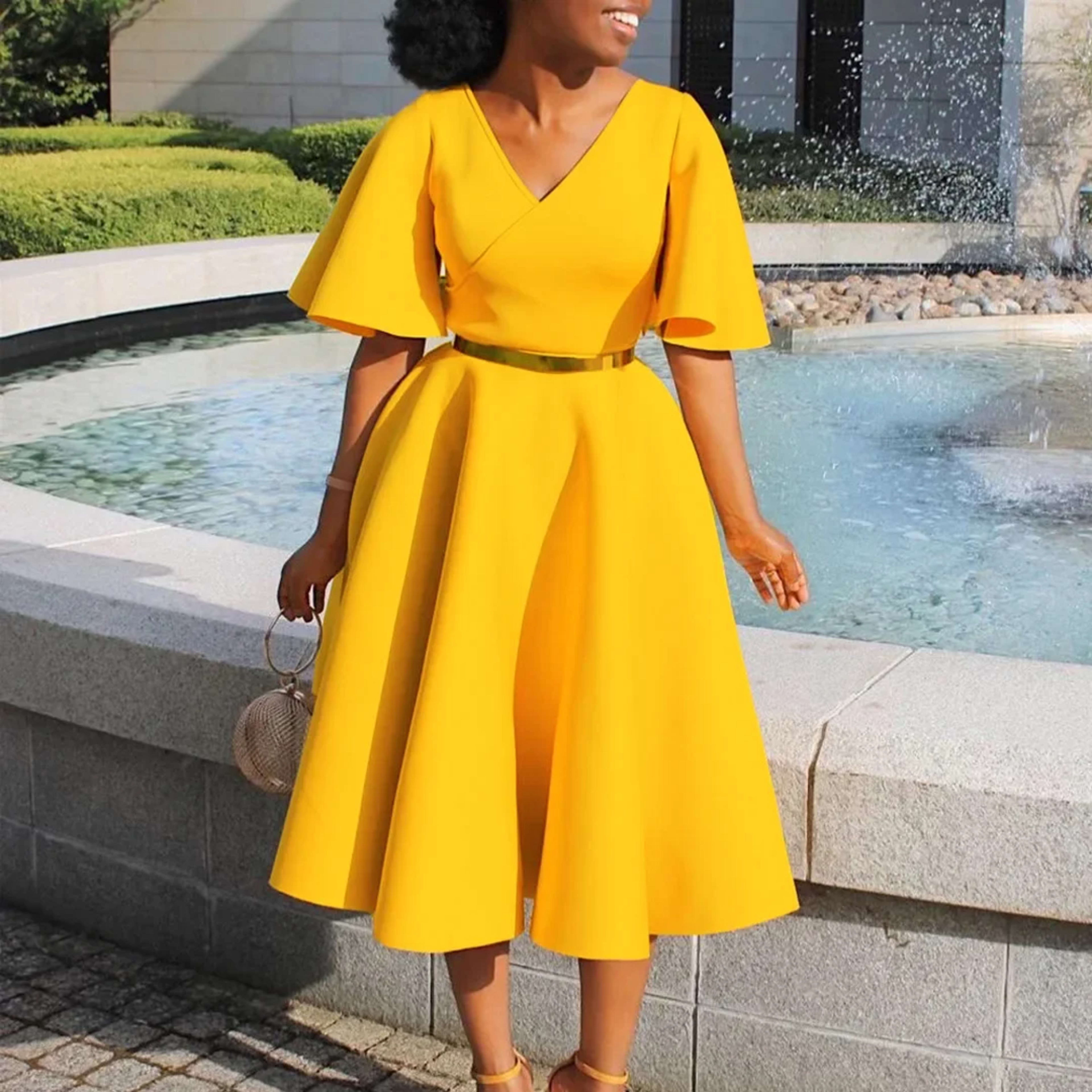 Elegant Dresses for Women V Neck Flare Sleeve High Waisted Pleated A Line Mid Calf Luxury Birthday Party Dinner Vestidos
