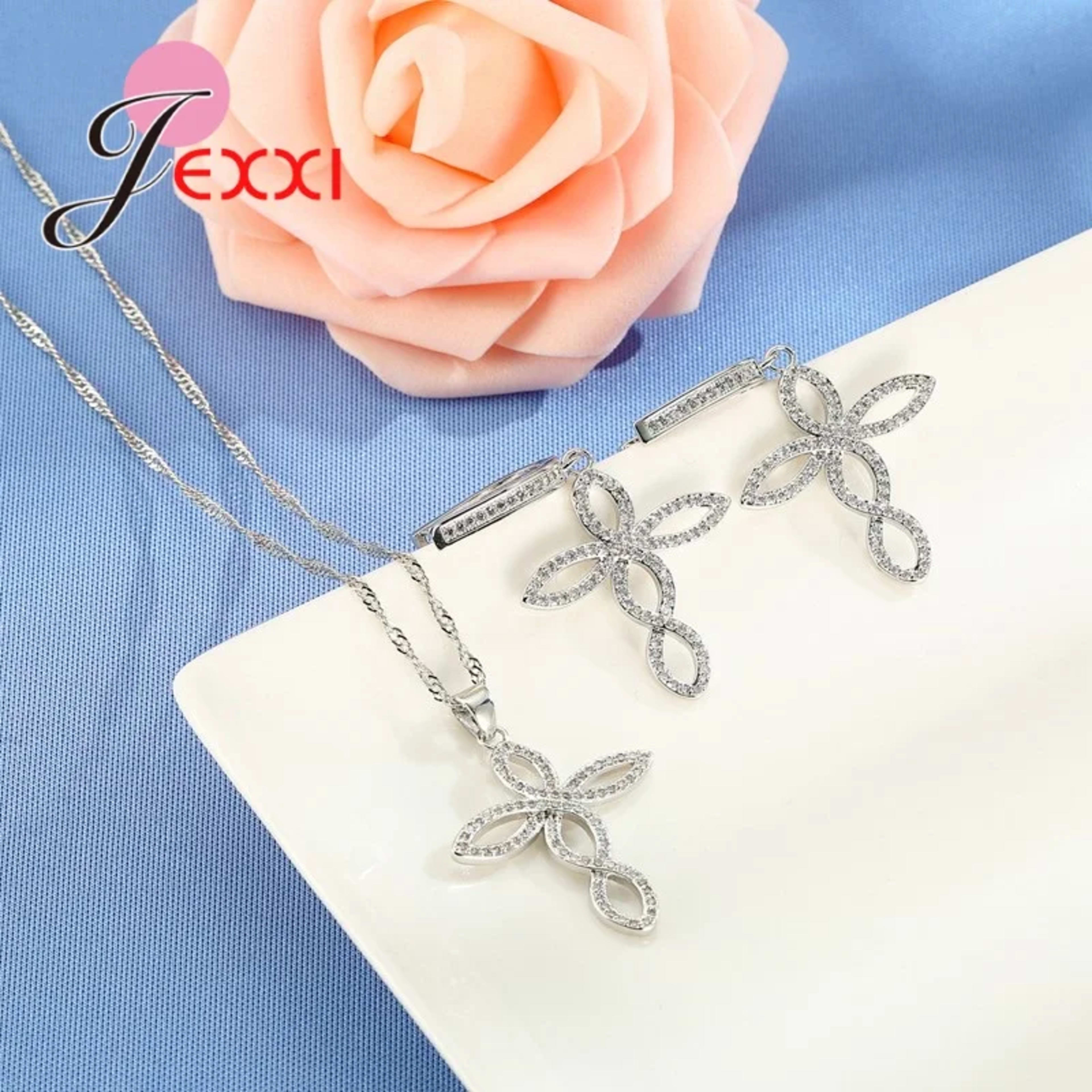 Women Wedding Jewelry Sets Charm Crystal Crooked Cross Pendant Necklaces Earrings Sets Shininy 925 Sterling Silver  Bijo 4