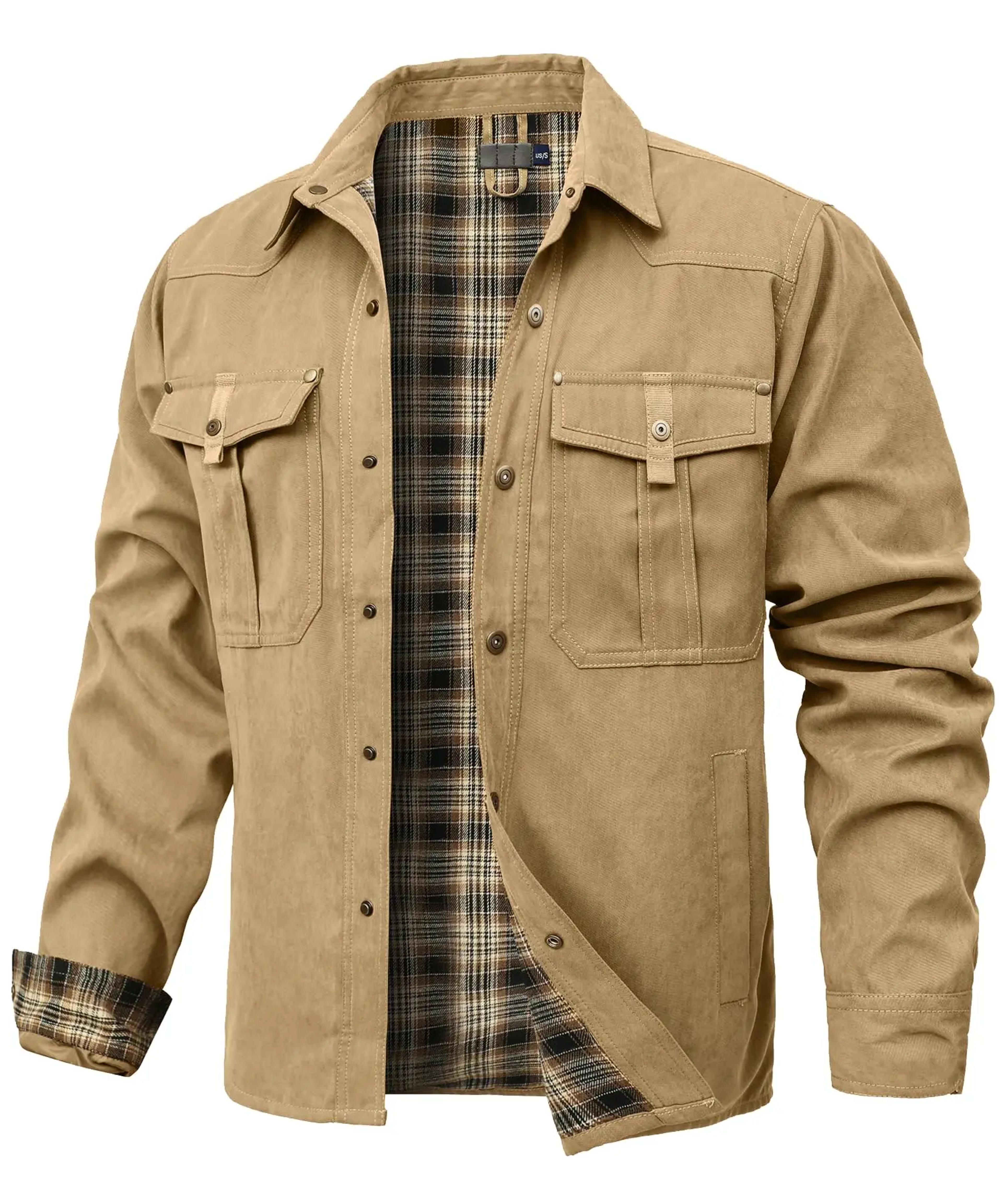 Men's Jackets Spring Flannel Lined Shirt Coat Shacket Casual Snap Button Overshirt Western Cowboy Style High Quality Top 12