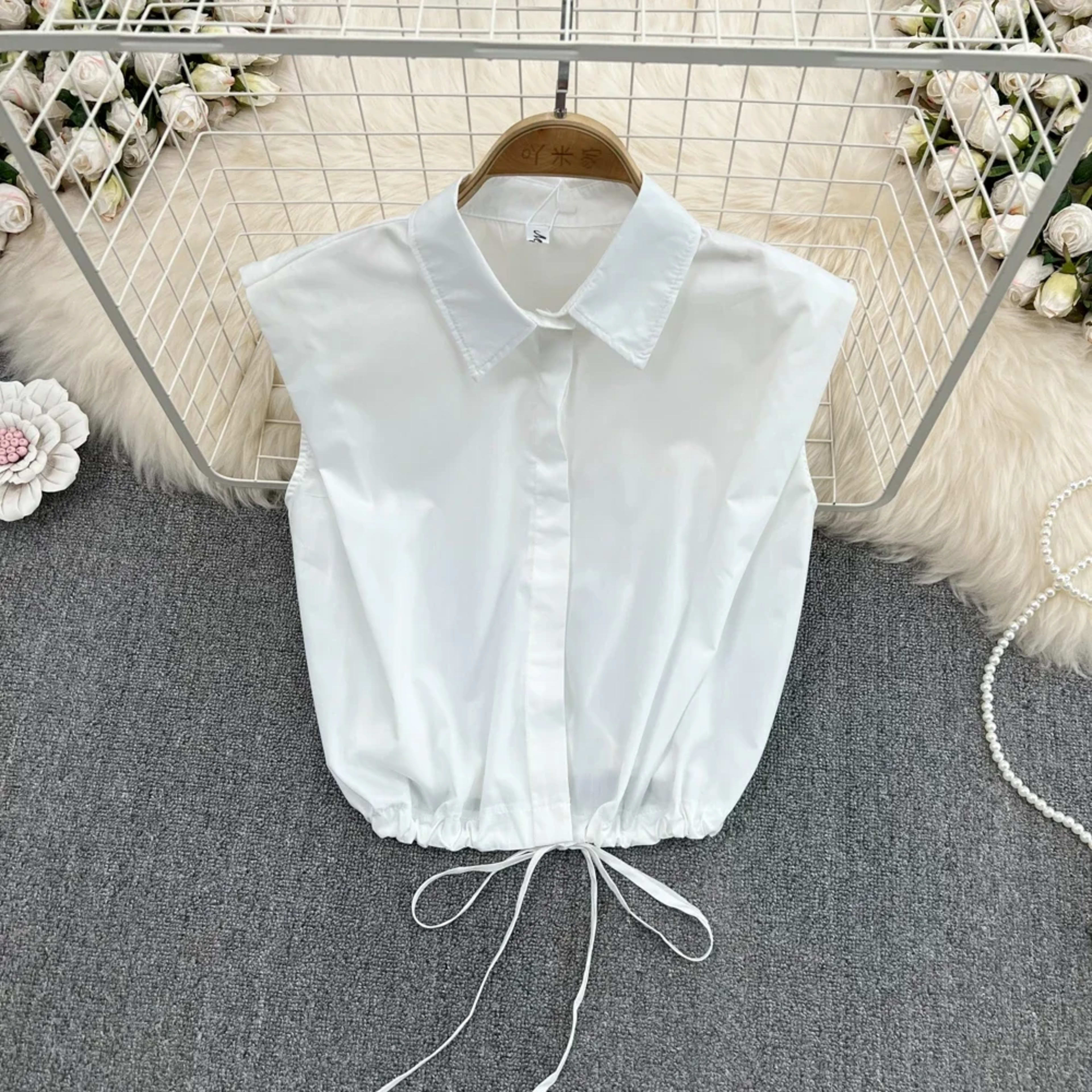 Women Blouse Tops Turn-down Collar Solid Color Sleeveless Draw String Blusas Femininas Vintage Summer Camisas Almighty D 2