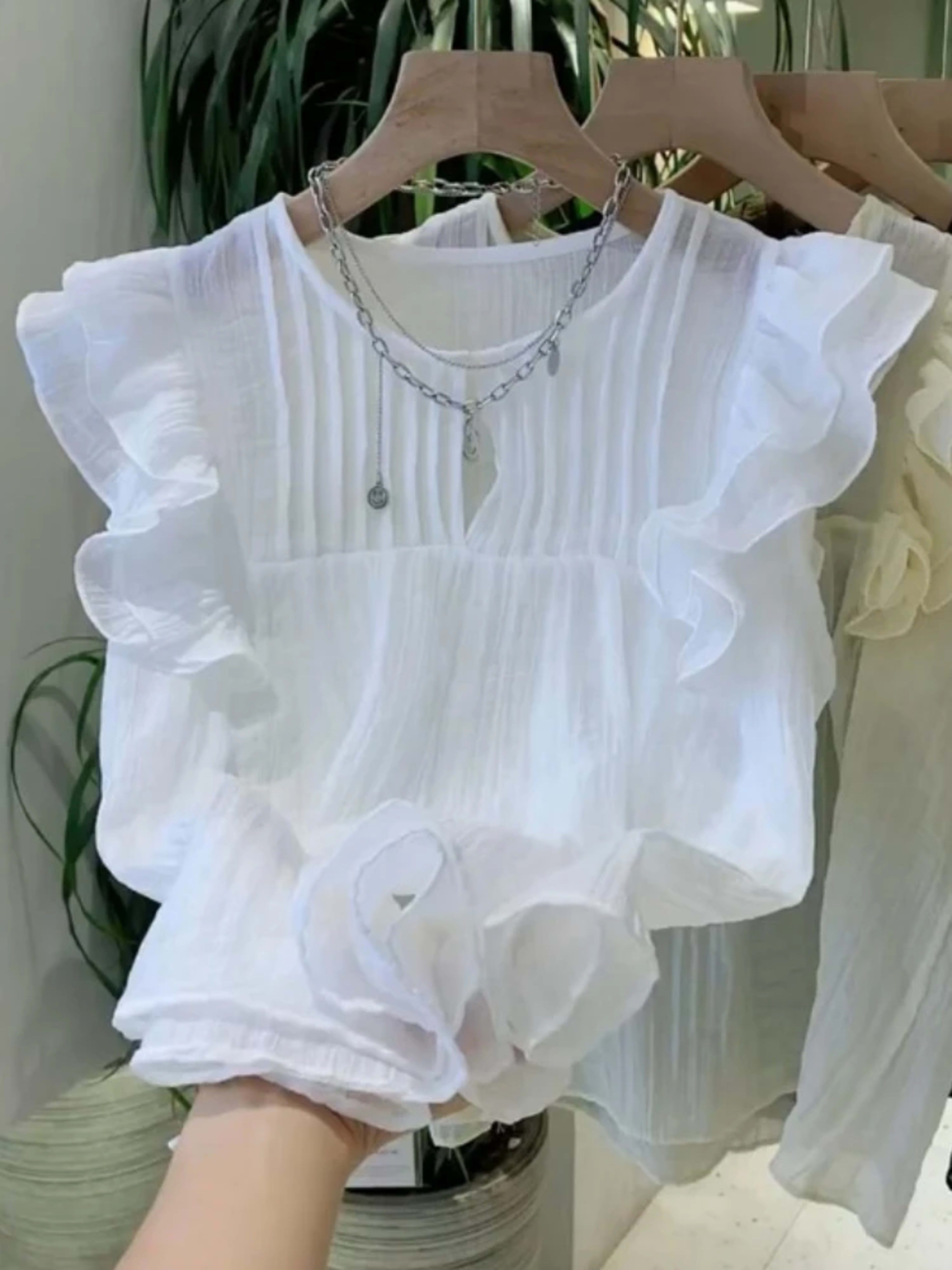 White Blouses for Women 2025 Blusas Mujer De Moda Sleeveless O-neck Loose Shirts Ruffles Loose Vintage Summer Blouse Top
