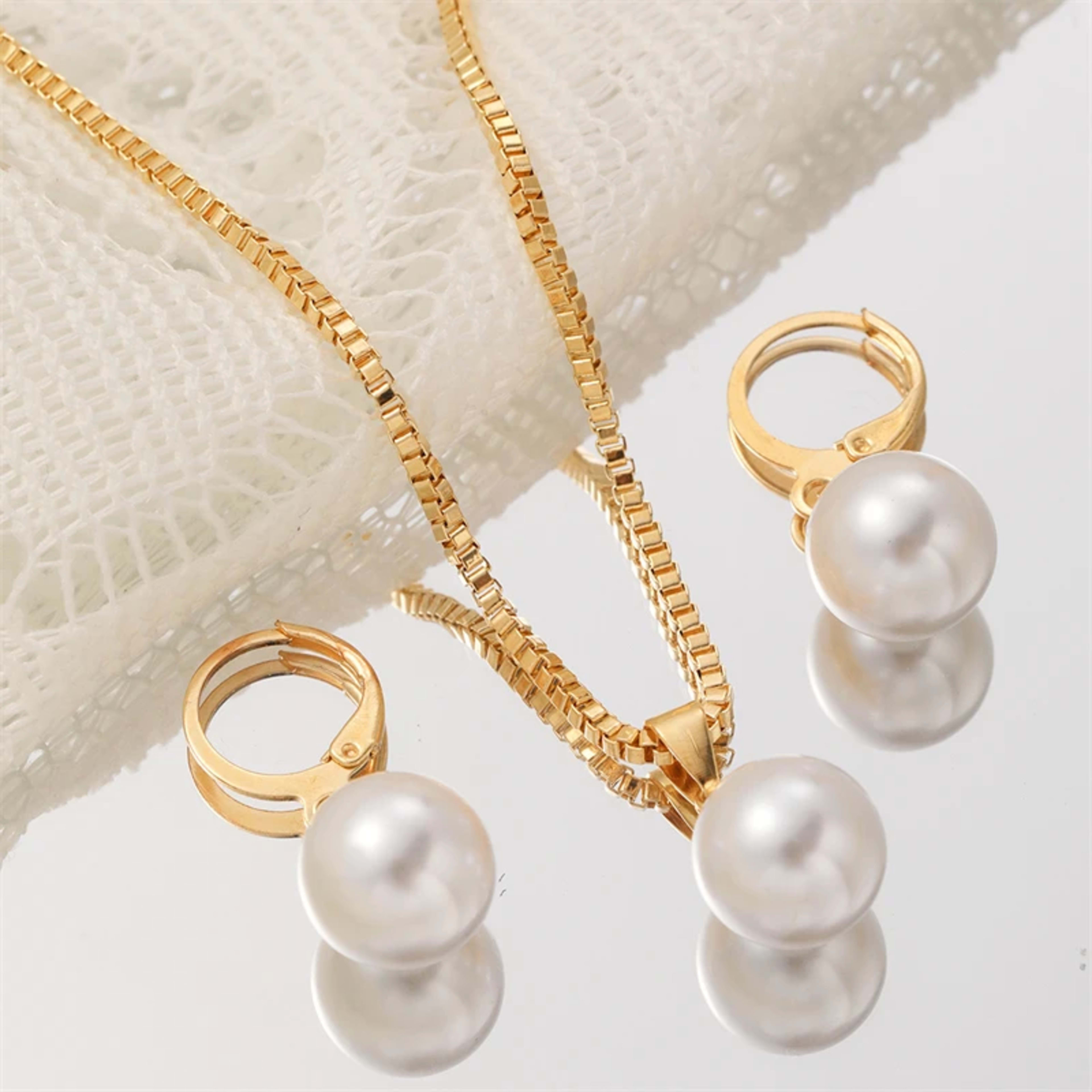 Fashion Elegant Imitation Pearl Pendant Jewelry Set for Women Vintage Gold Color Chain Necklace Earring Girl Wedding Par 3