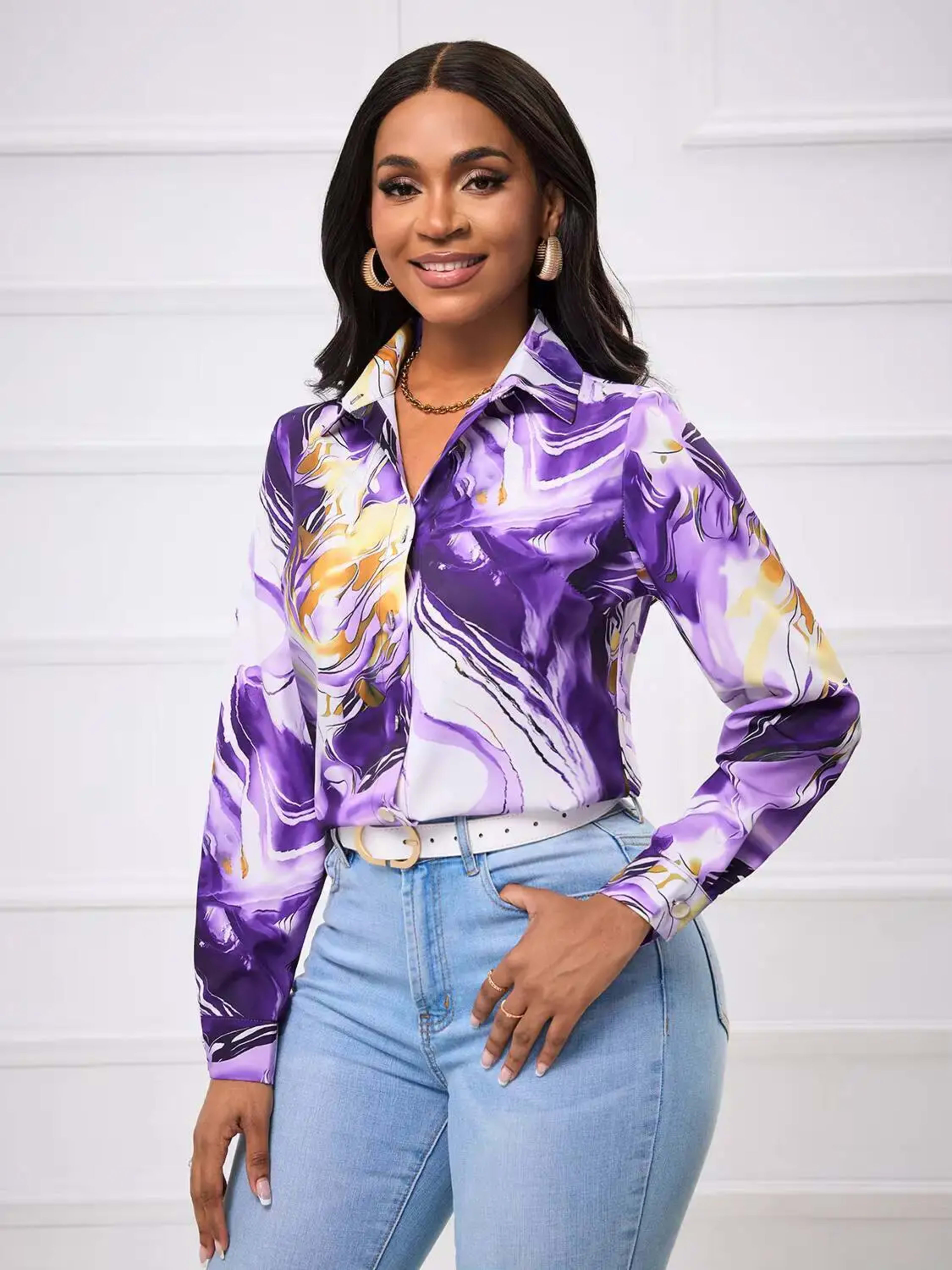 Women's Blouse Spring Summer Purple Gold Marble Print Collar Front Button Long Sleeve Satin Luxury Elegant Daily Office  4