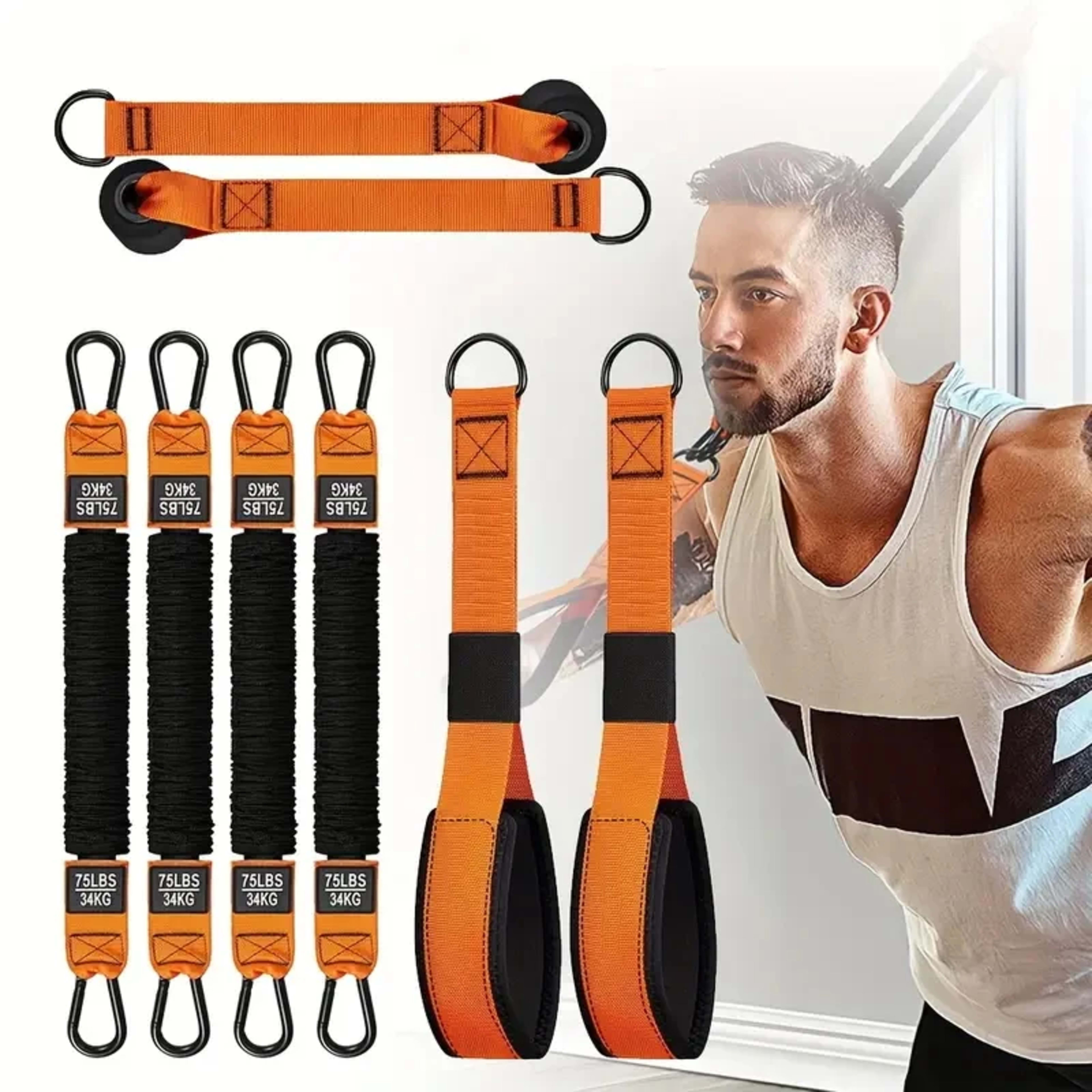Home fitness equipment. A resistance band used for downward pressure and other exercises to shape your triceps, latissim 1