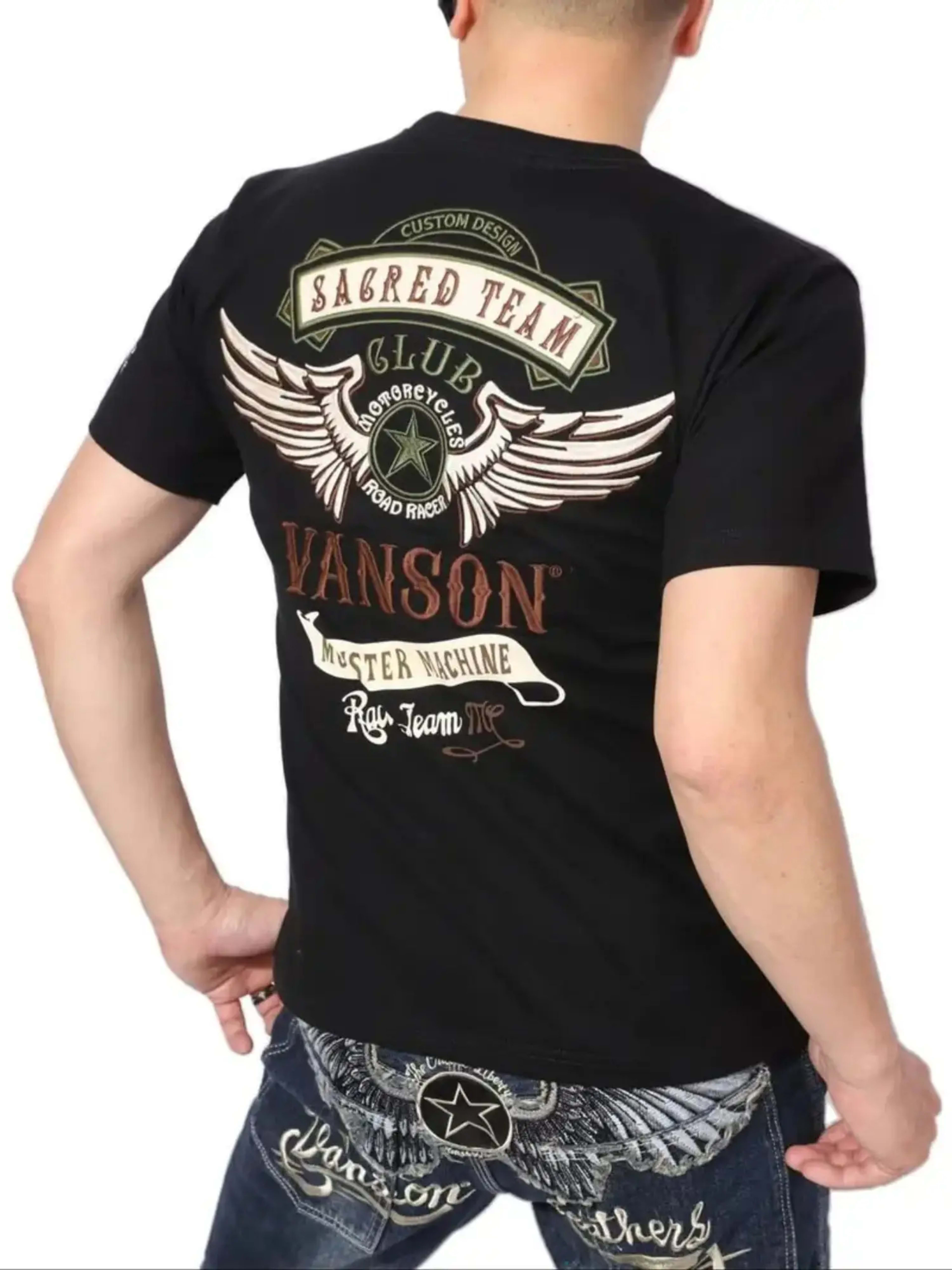 Men's T-shirt - Black Casual Short-sleeved Top with White and Red Wing Design, Suitable for Daily Wear, Gym Trips and Pa 1