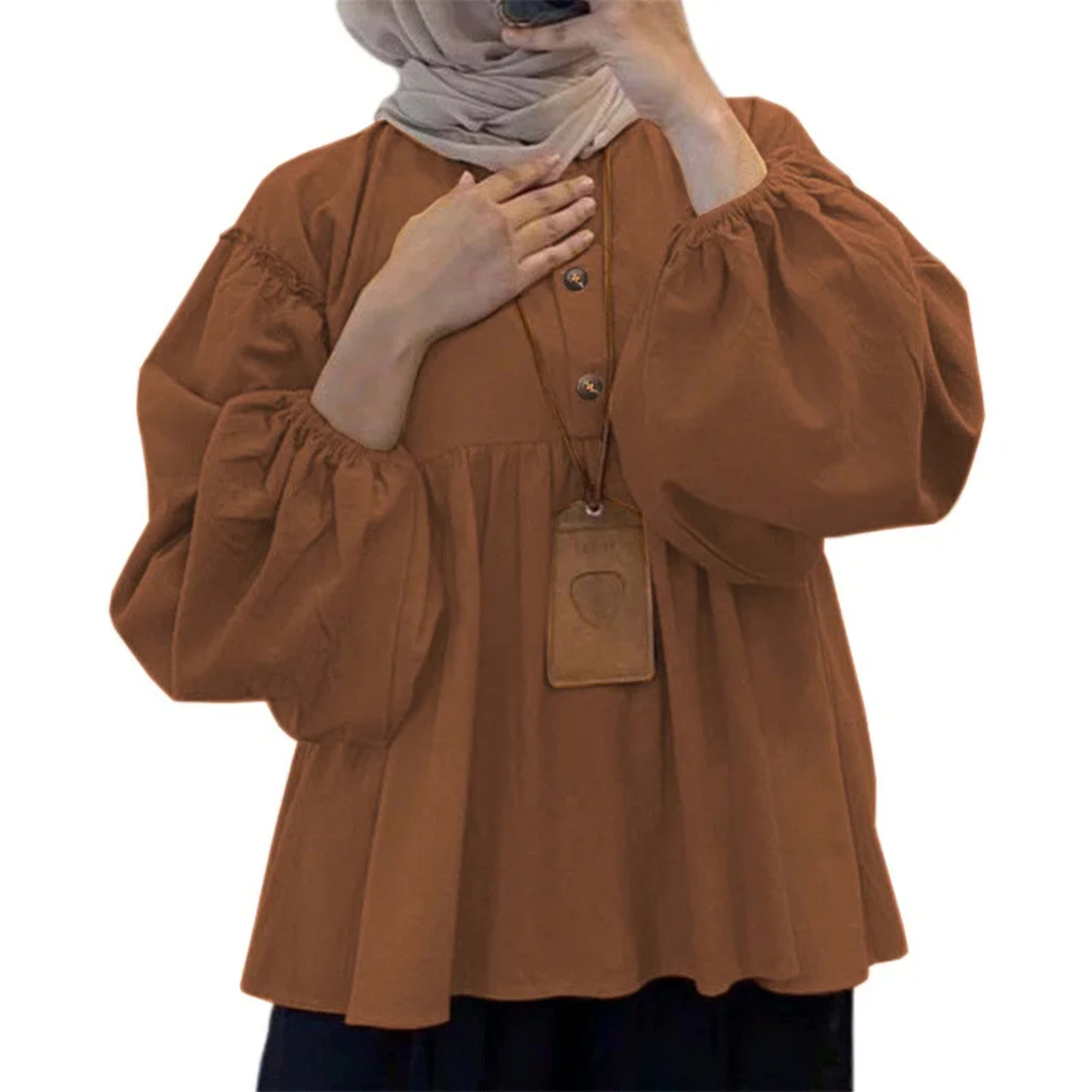 Muslim Blouse Women Autumn Top Folds Shirt Single Breasted Eid Morocco Dubai Morocco Female Blouses Modest Casual Tops R 8