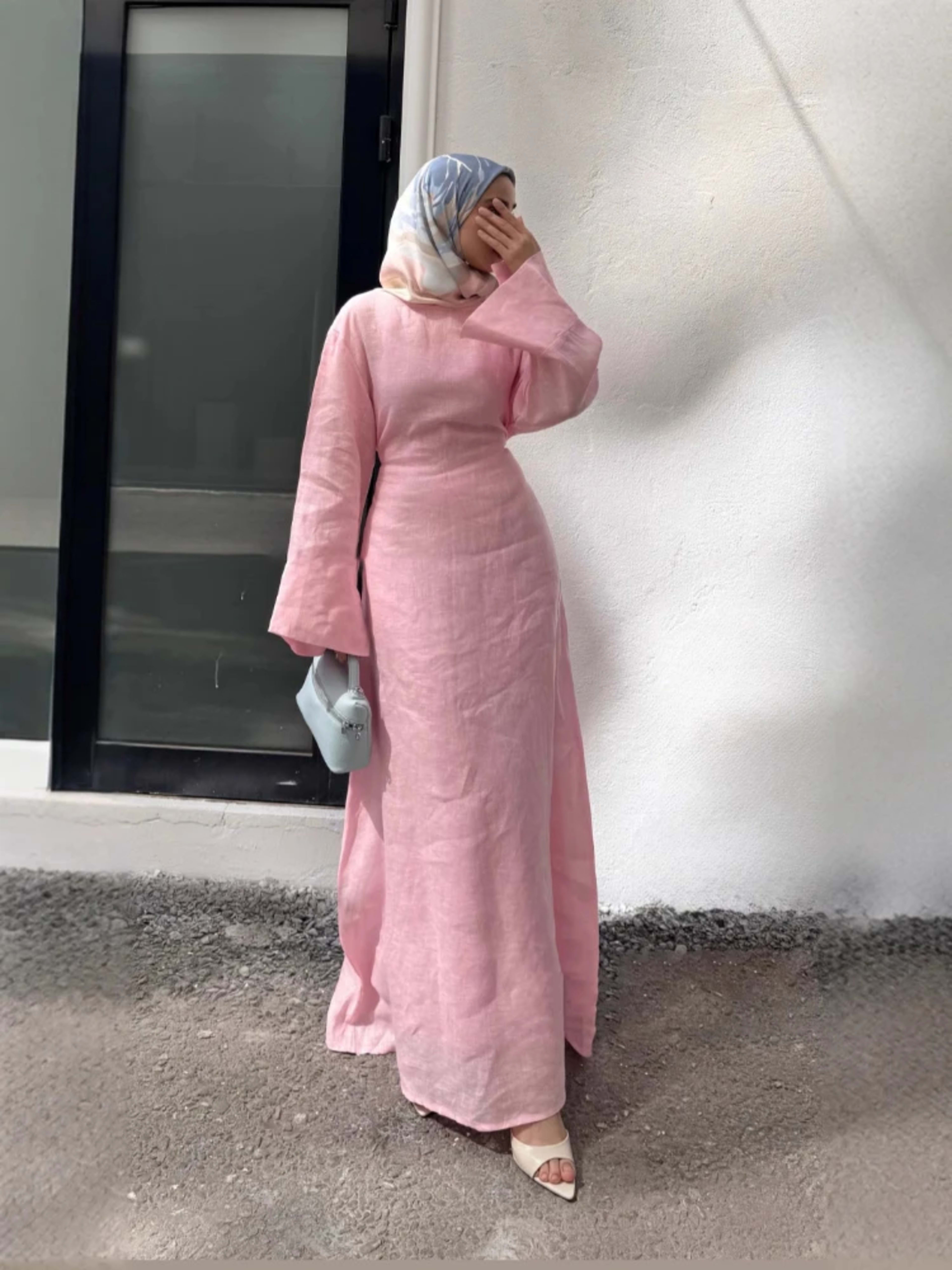 Women' Dresses Elegant O-Neck Cotton Lined Back Lace Up  Flare Sleeve Waist Cinching Long Robes Female Summer Lady Dress 6