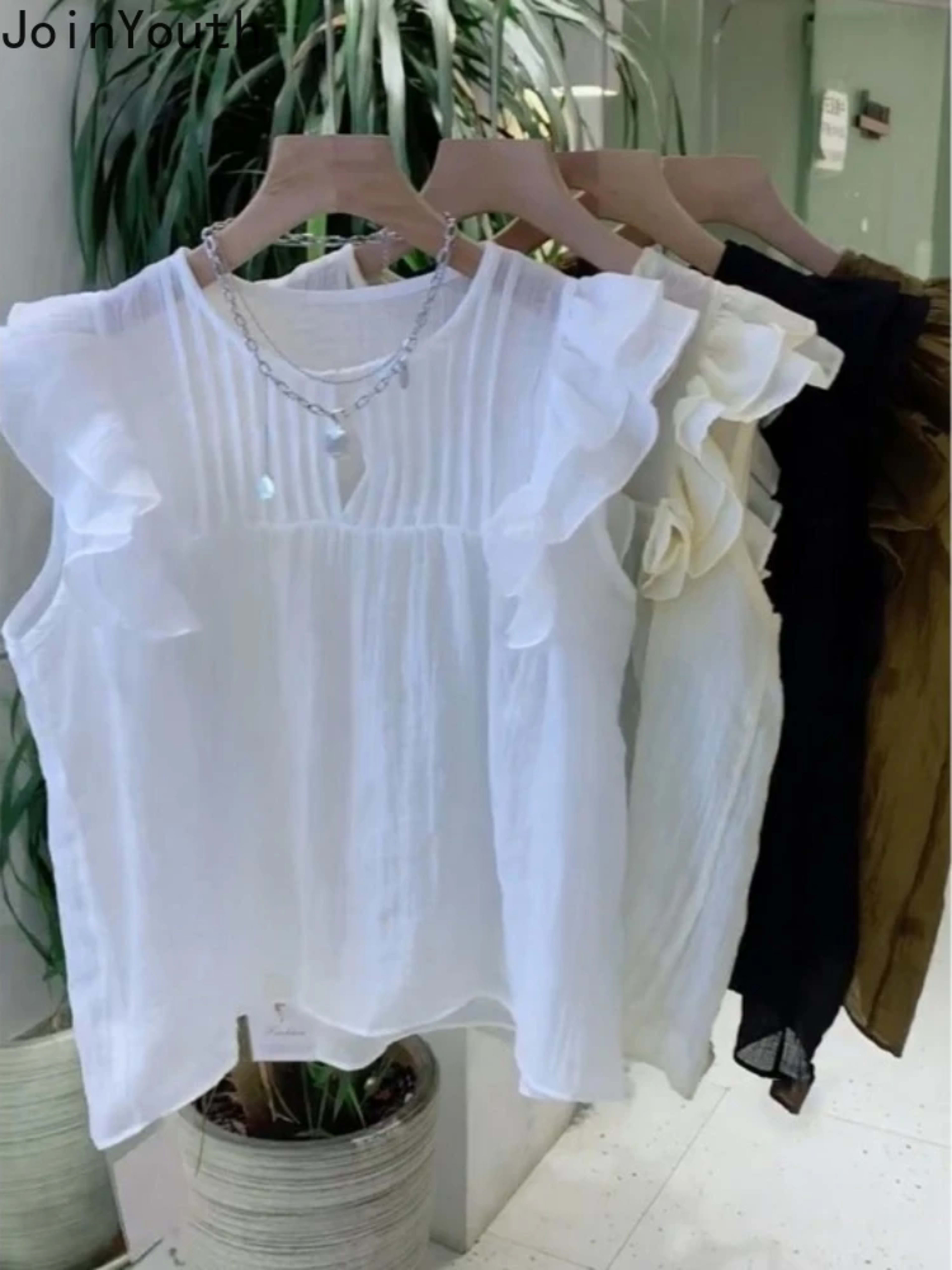 White Blouses for Women 2025 Blusas Mujer De Moda Sleeveless O-neck Loose Shirts Ruffles Loose Vintage Summer Blouse Top 5