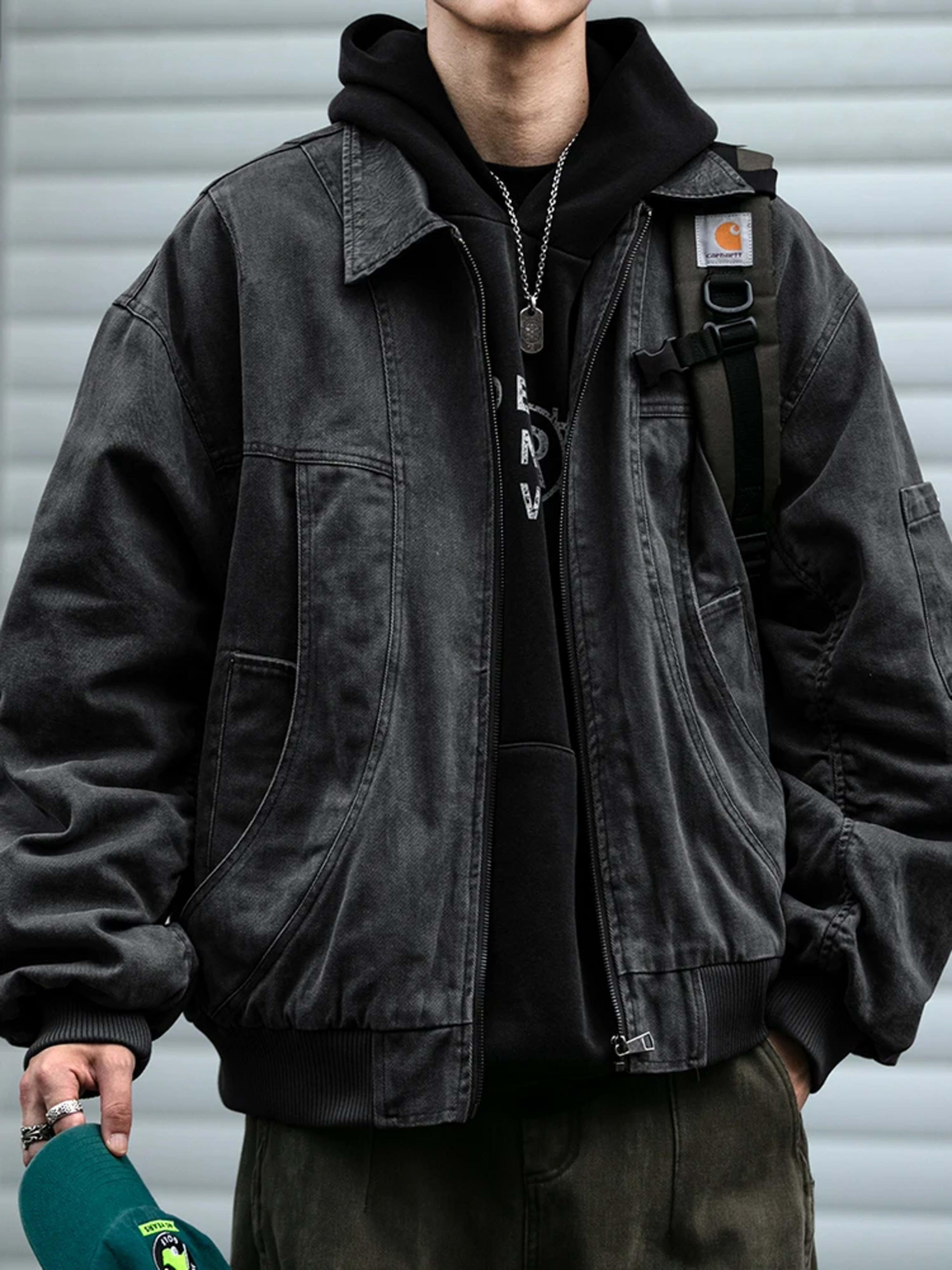 Mens Work Jacket Vintage American Japanese Streetwear Oversized Leather Collar High Quality Spring Autumn Casual Coat To 2