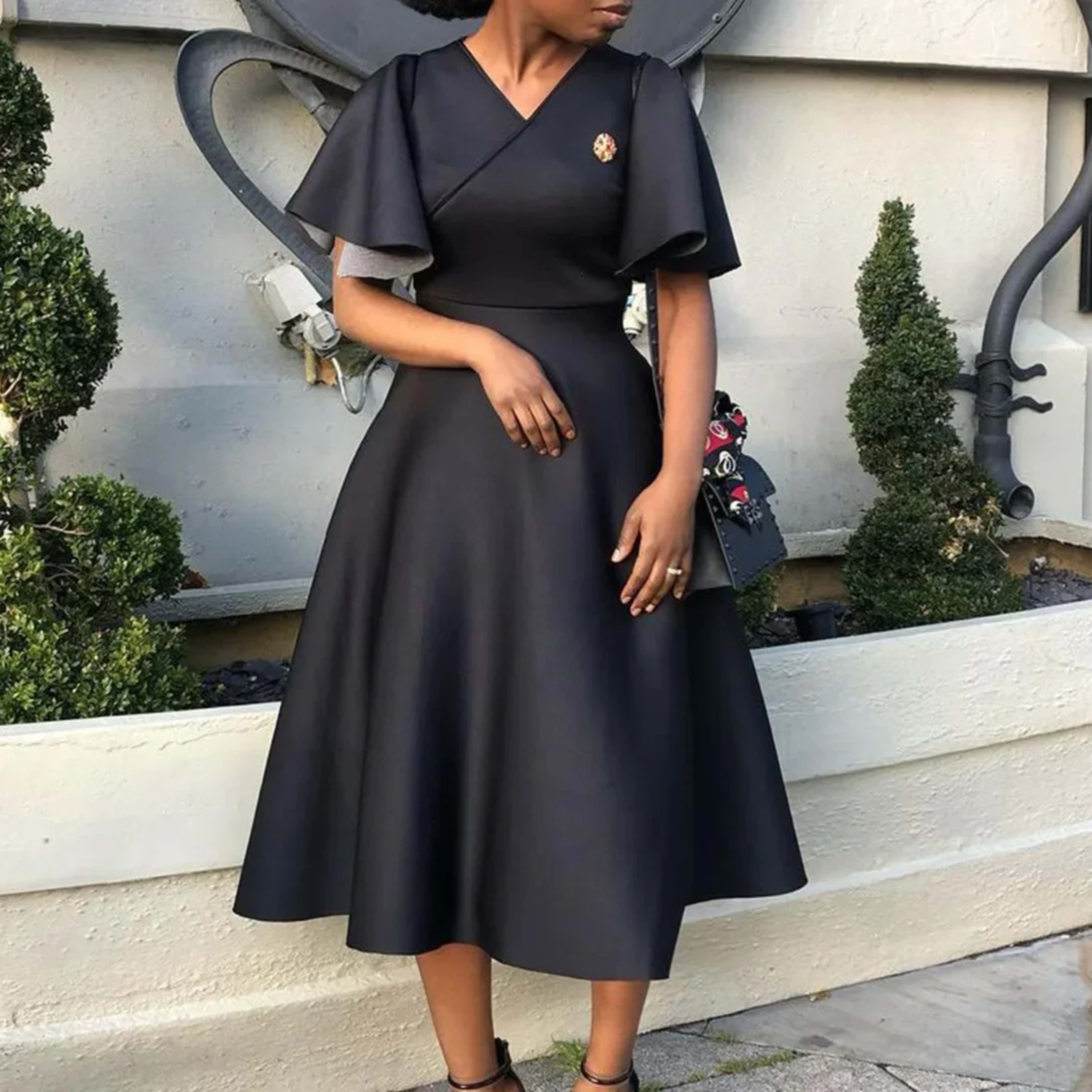Elegant Dresses for Women V Neck Flare Sleeve High Waisted Pleated A Line Mid Calf Luxury Birthday Party Dinner Vestidos 10