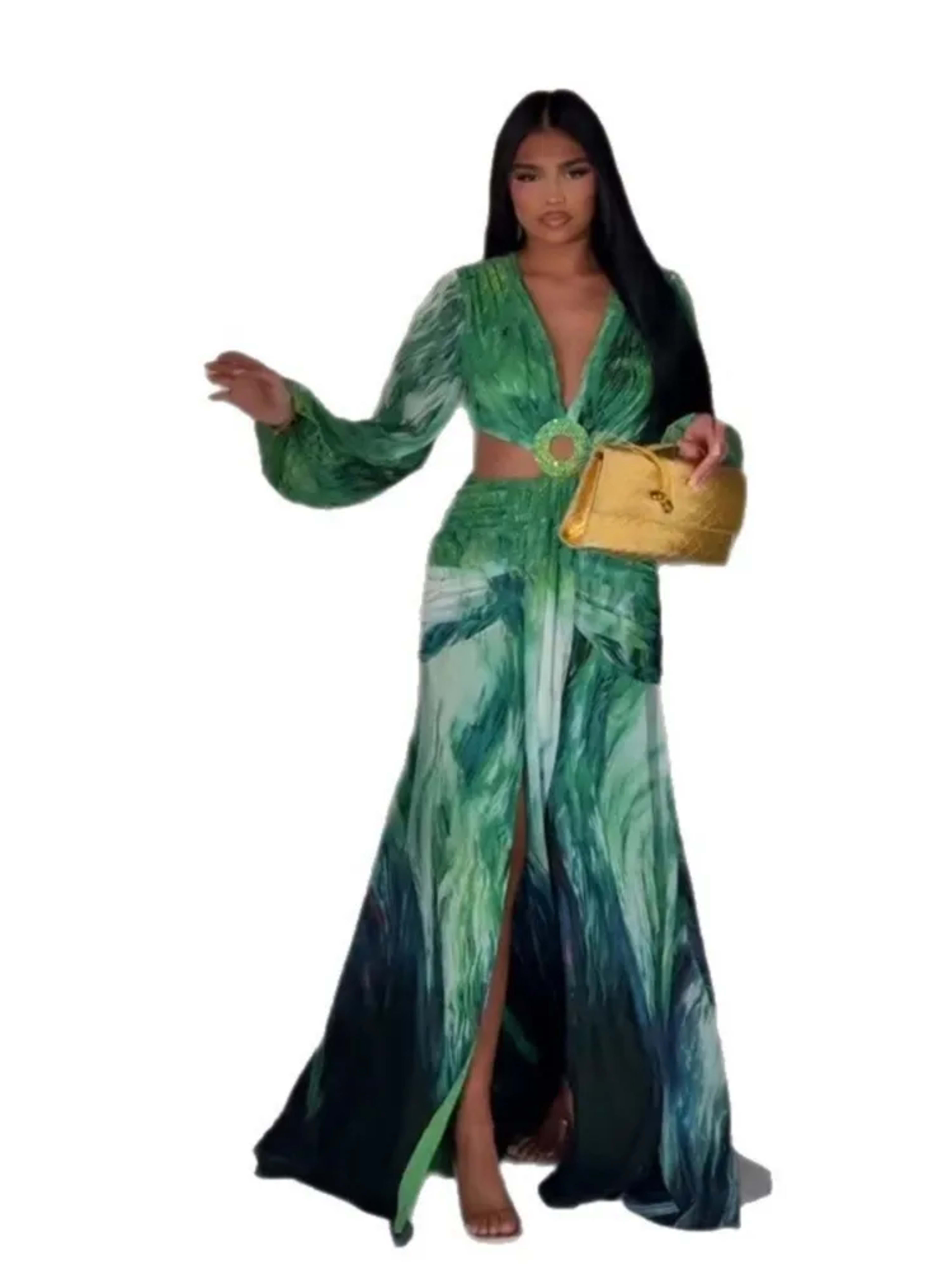 Women's Dress 2025 Fashion Summer New Vestidos Para Mujer Women's Vacation Elegant Style Long Sleeve Split Printed Slit  3