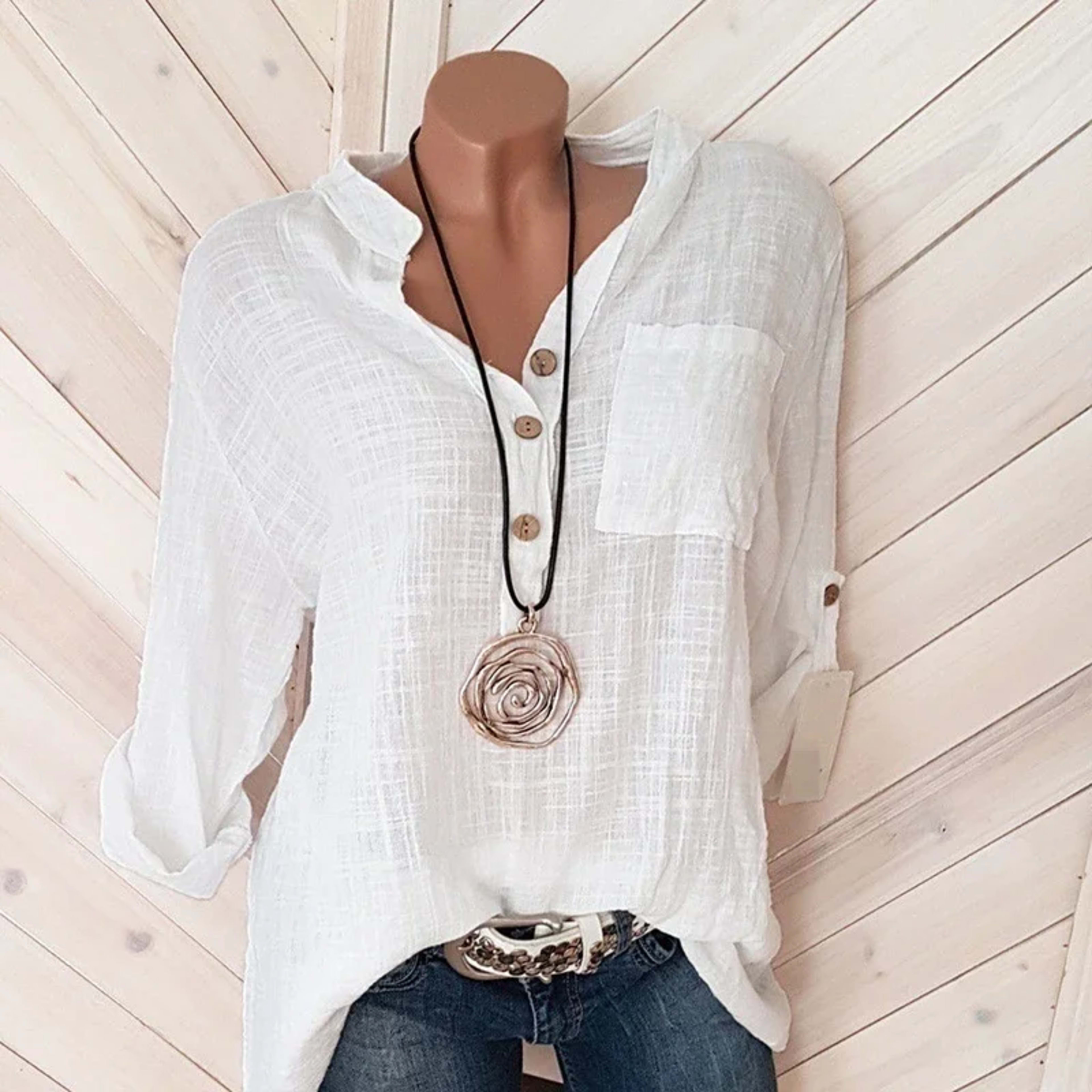 Women Blouses Cotton Linen Blouse Autumn Shirts Casual Long Sleeve Button V Neck Loose Shirt Lady Tops Tailor-made T-Shi 2