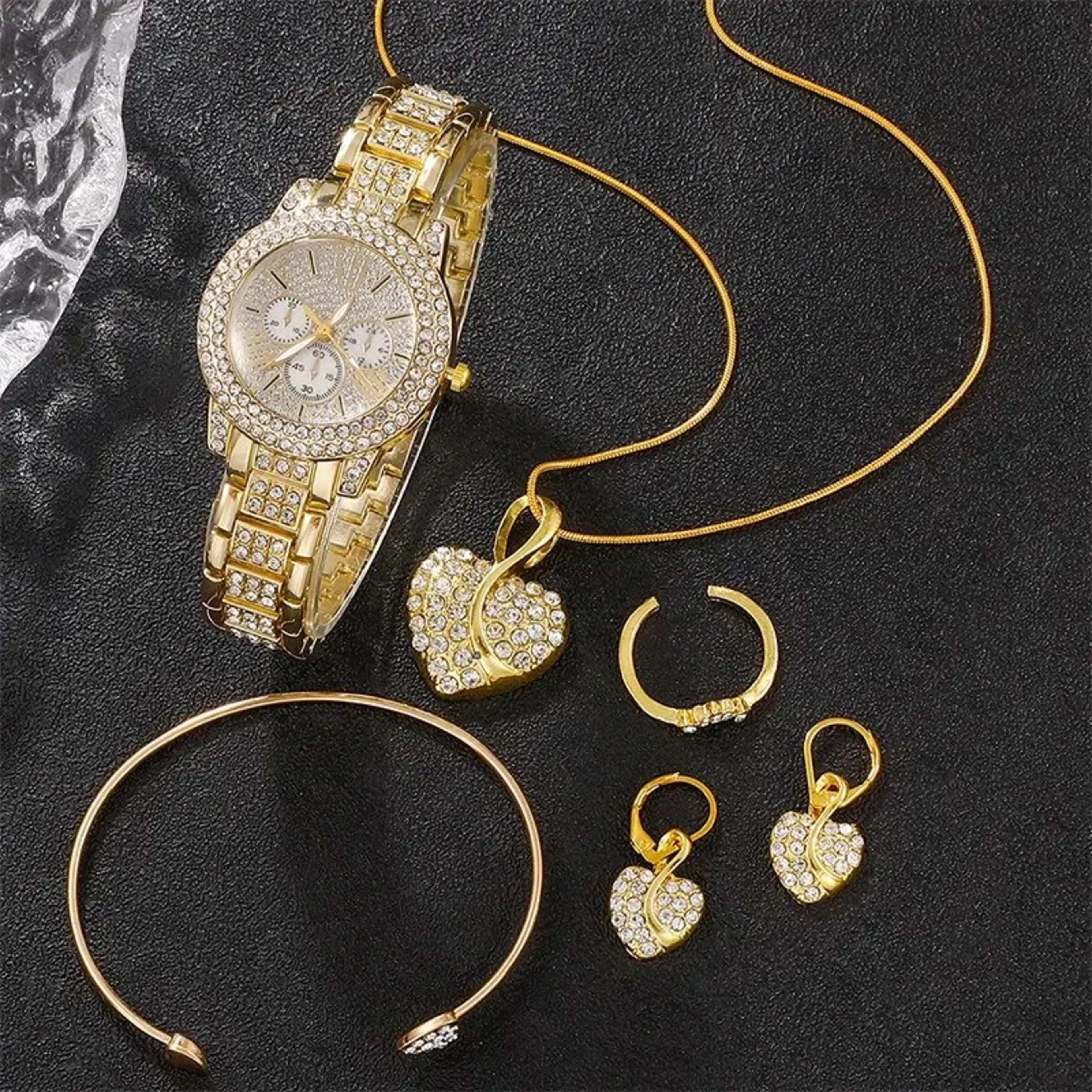 Women's Quartz Watch Gold Luxury Women Ring Necklace Earring Rhinestone Fashion Wristwatch Casual Ladies Watches Jewelry 2
