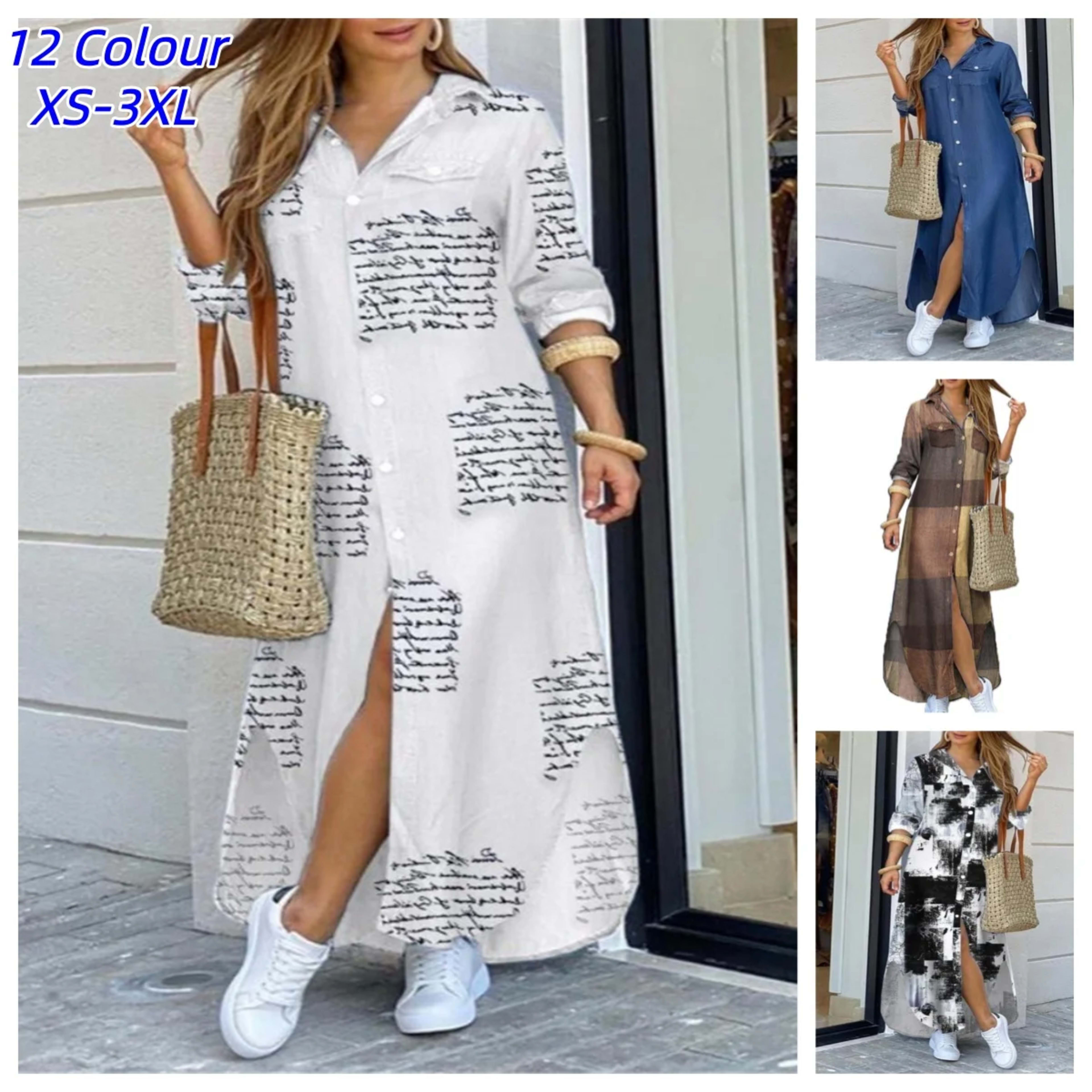 Women Dresses Fashion Sexy Single-breasted Dress Loose Lapel Casual Women's Clothing  Literary Printing Long Shirt Skirt 1