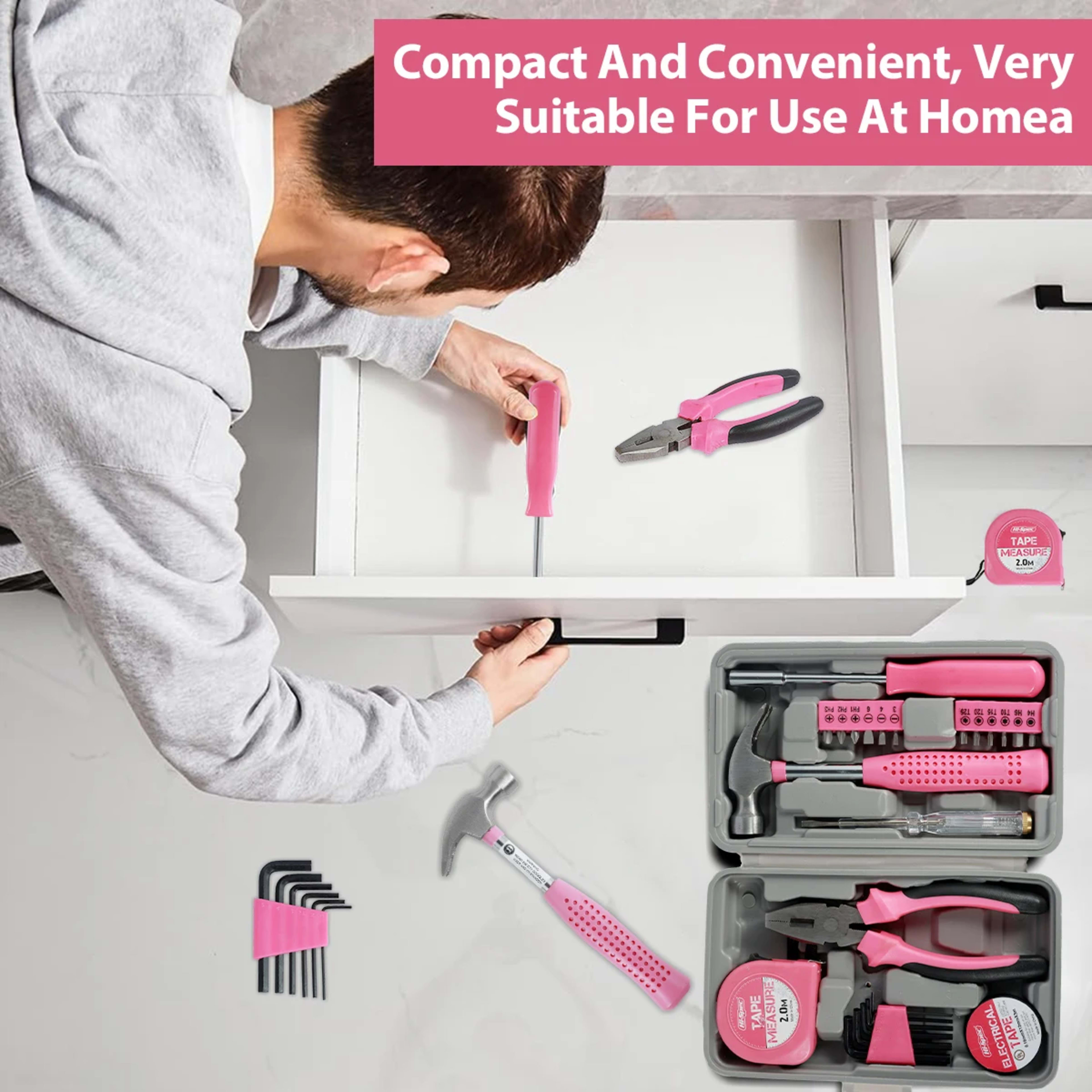 13/24Pcs Household Repair Tool Kit Multi-Purpose Pink Home Hand Tool Set with Storage Case Durable Hammer and Allen Key  6