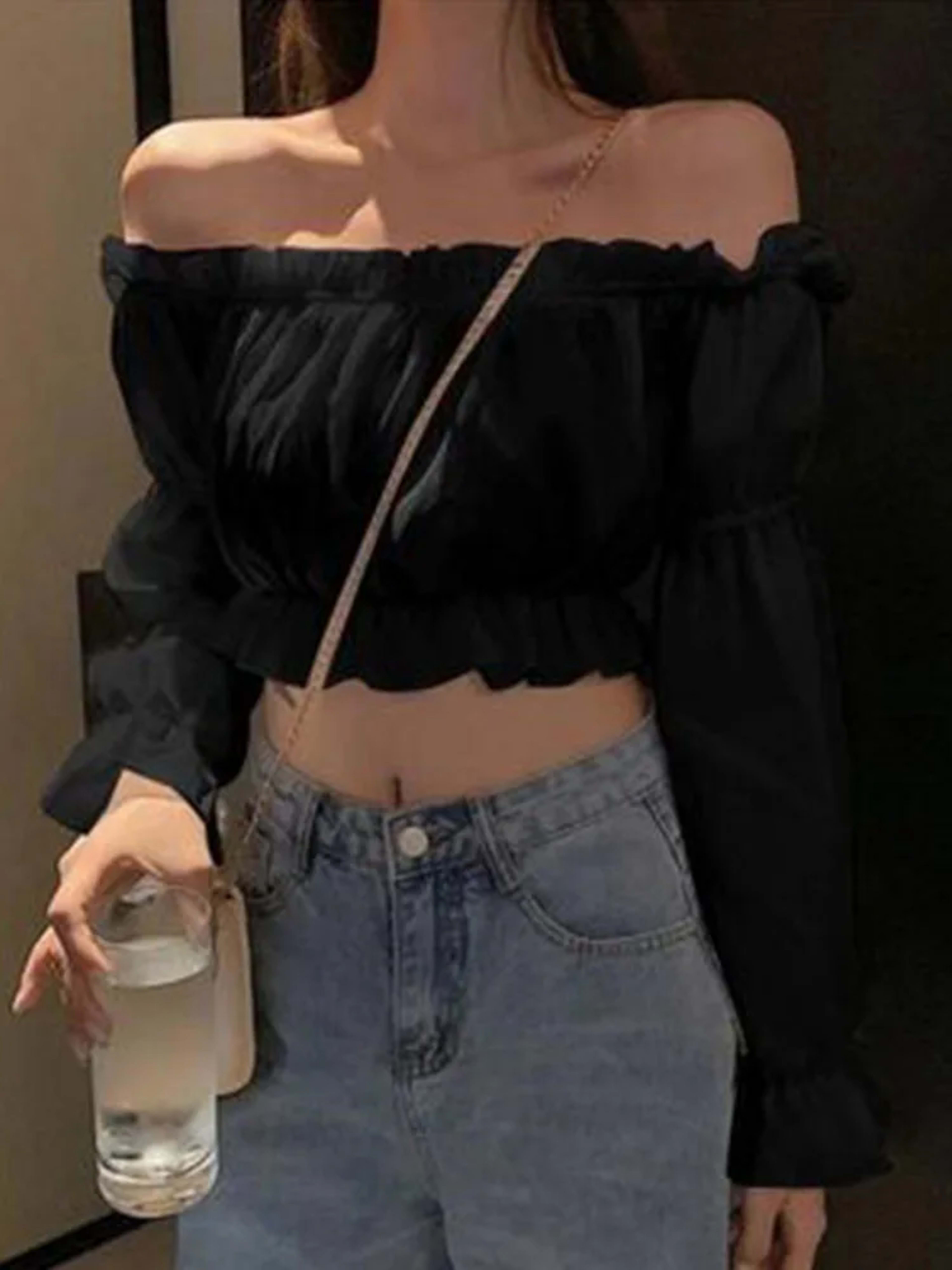 Women Top Sexy Blouse Off Shoulder Top Long Sleeve Solid Color White Shirt Puff Sleeve Ruffle Tunic Crop Top Summer Tube 3