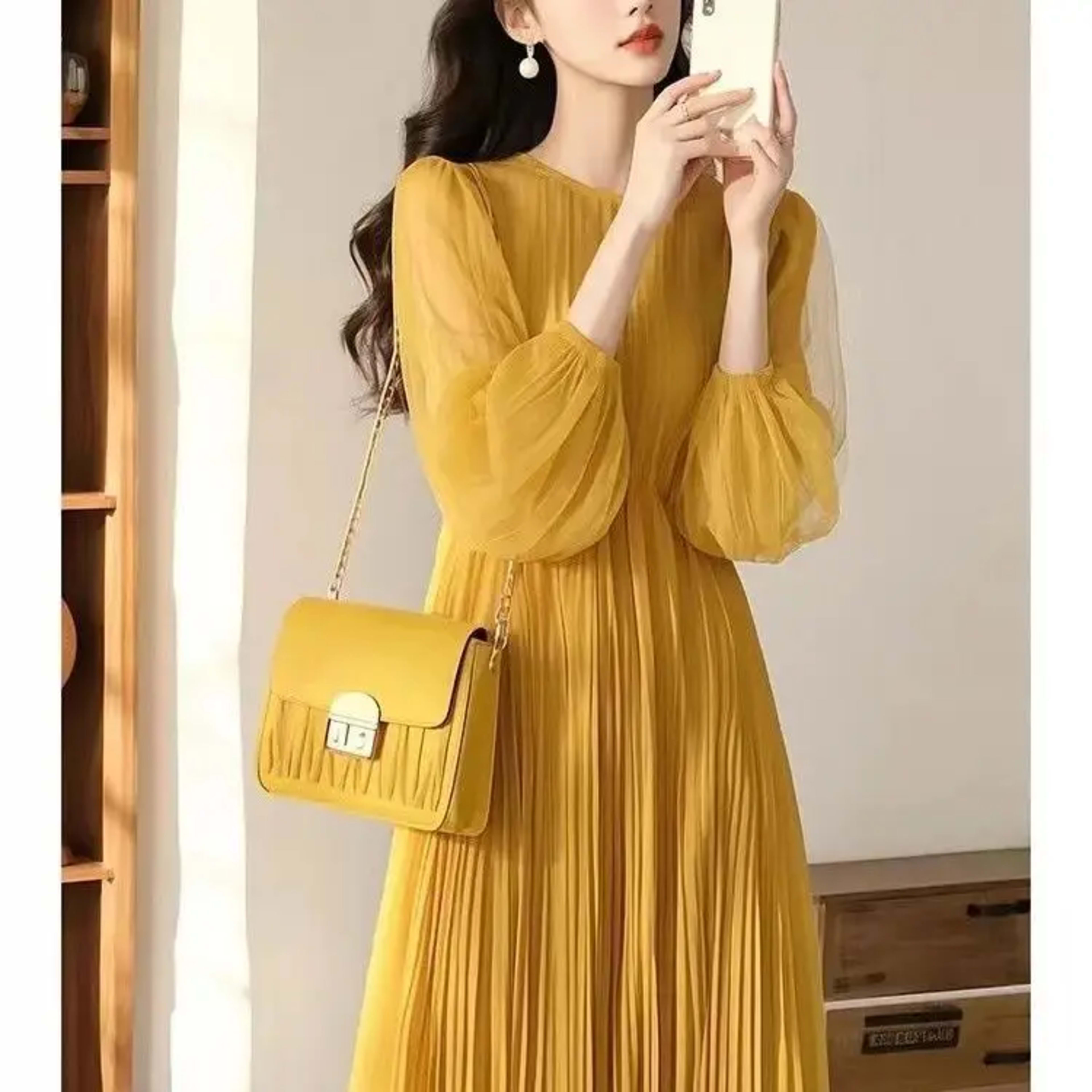 French Dress for Women with Exquisite High-end Feel Loose Slim Blue Chiffon Round Neck Long-sleeved Skirt 1
