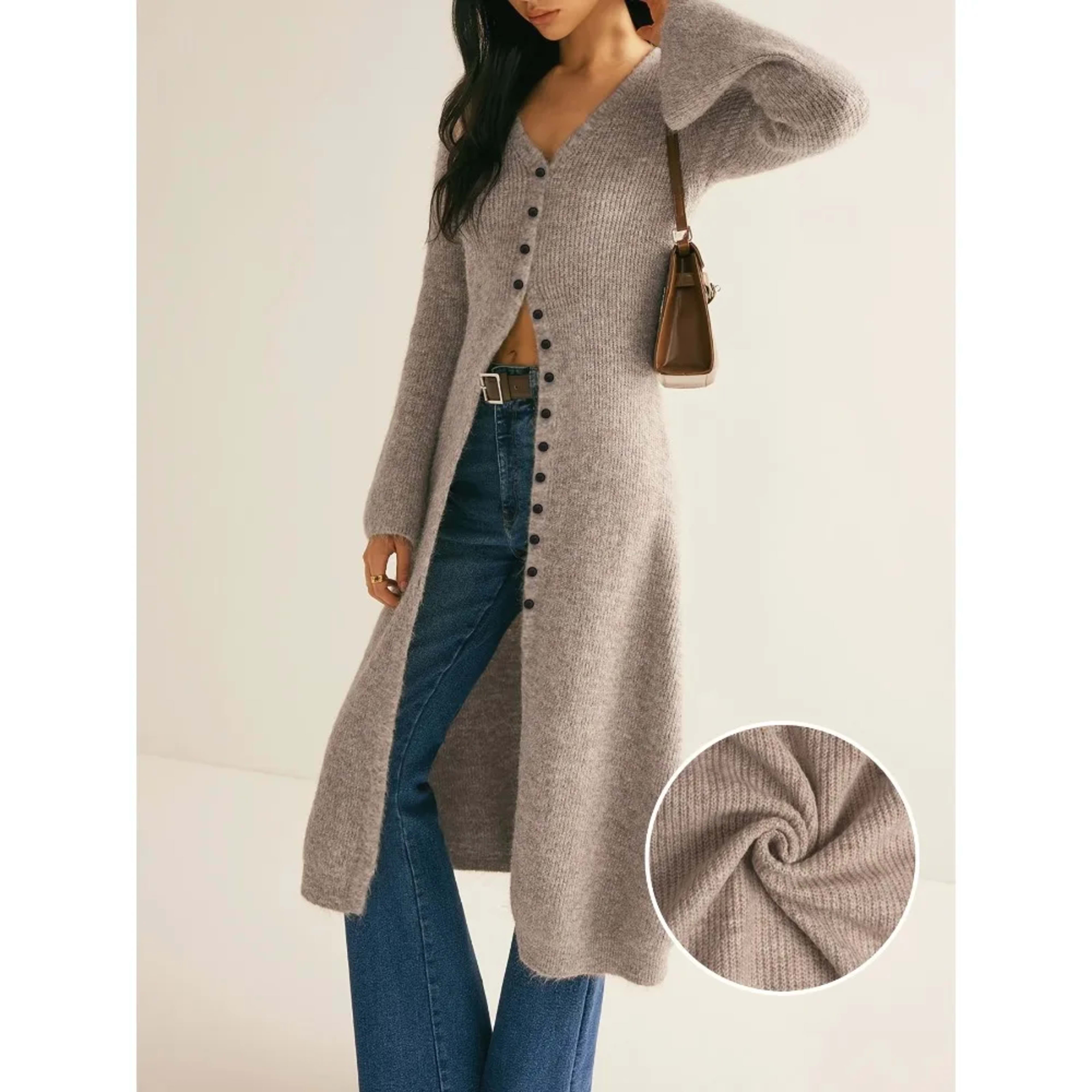 Women's Dress: High-end French V-neck Slimming Knitted Cardigan, Mid-length Solid-color Knitted Long Dress for Women Win 1
