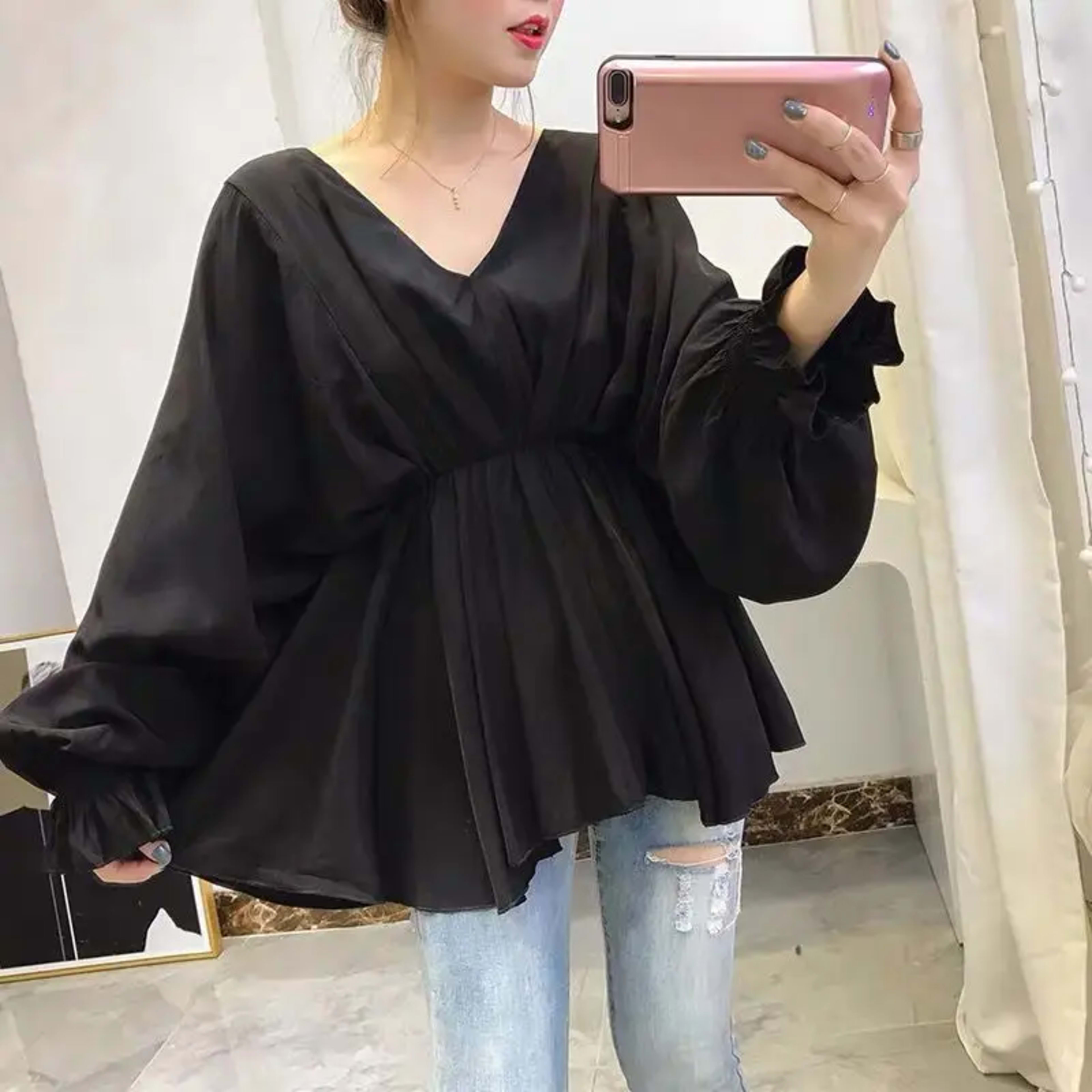 Blouse For Women Oversized Tops Long Sleeve V-neck Chiffon Slim Waist Shirts 2025 Blusas Mujer De Moda Folds Chic Summer 8