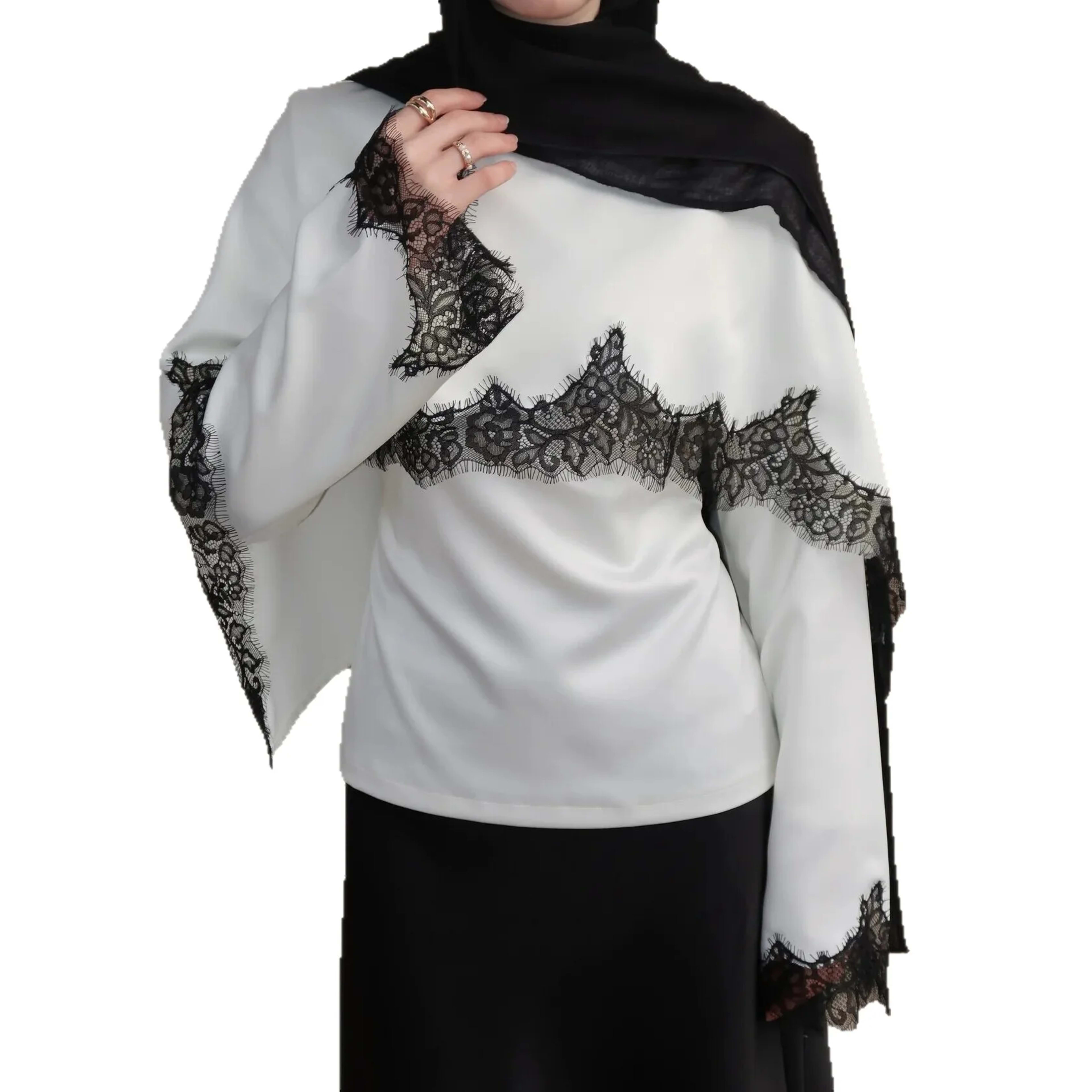 Women Top Blouse Fake Two Pieces Lace Patchwork Eid Muslim T Shirts Round Collar Flare Sleeve Dubai Ramadan Blouses Spri 5