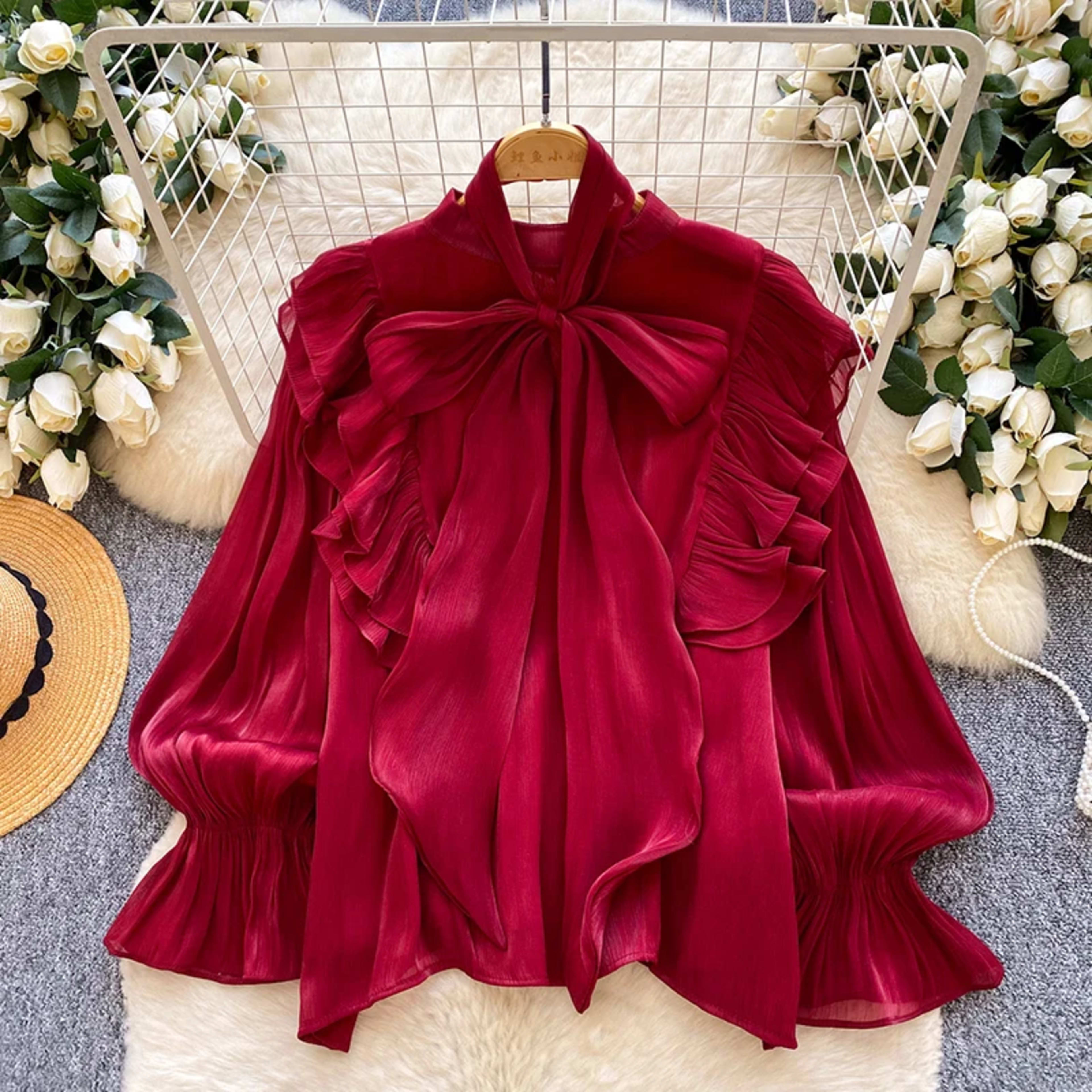 Women Blouse Elegant Bow-detailed Chiffon Blouse Ruffle Hem Featuring Lightweight Layering Piece Spring Summer Blusa Top 11