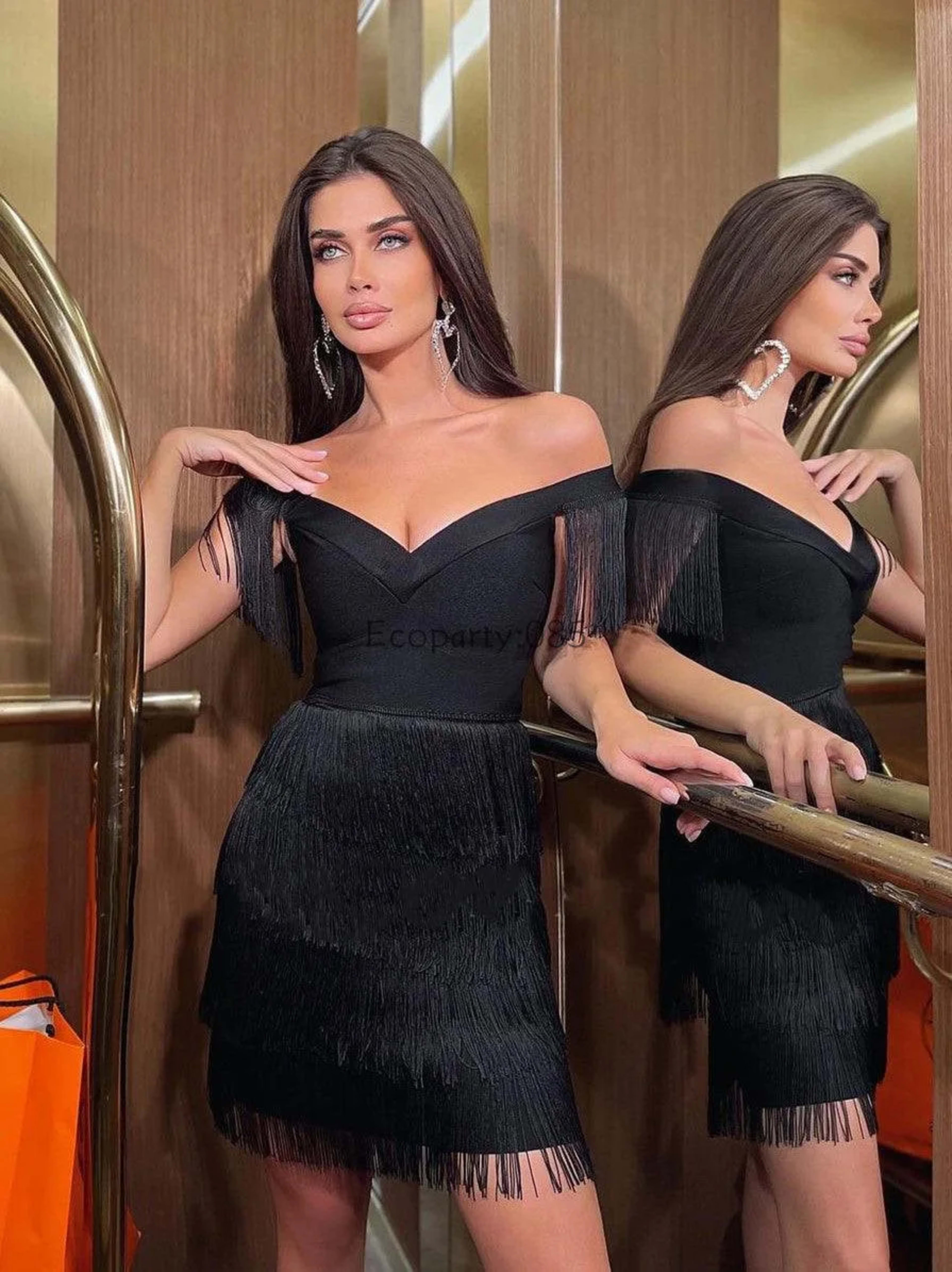 Women Evening Dresses Sexy Big V Neck One-shoulder Fringed Skirt Ladies Temperament Slim Dress Short Sleeve Club Dress V 4