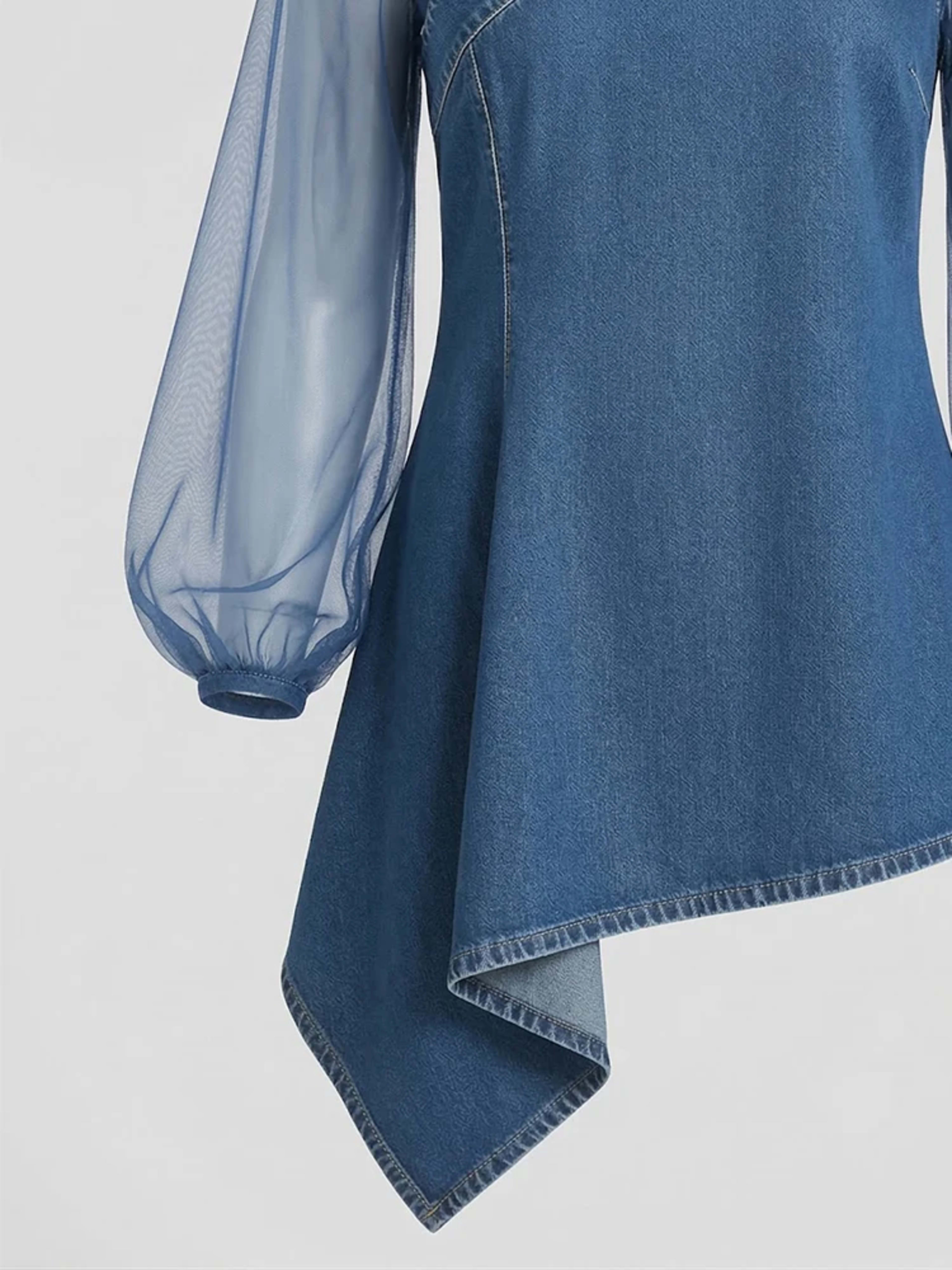 Women's Blouse Top Asymmetrical Denim Tunic with Sheer Mesh Long Sleeves High Neck Irregular Hem Fashion Blouse 2
