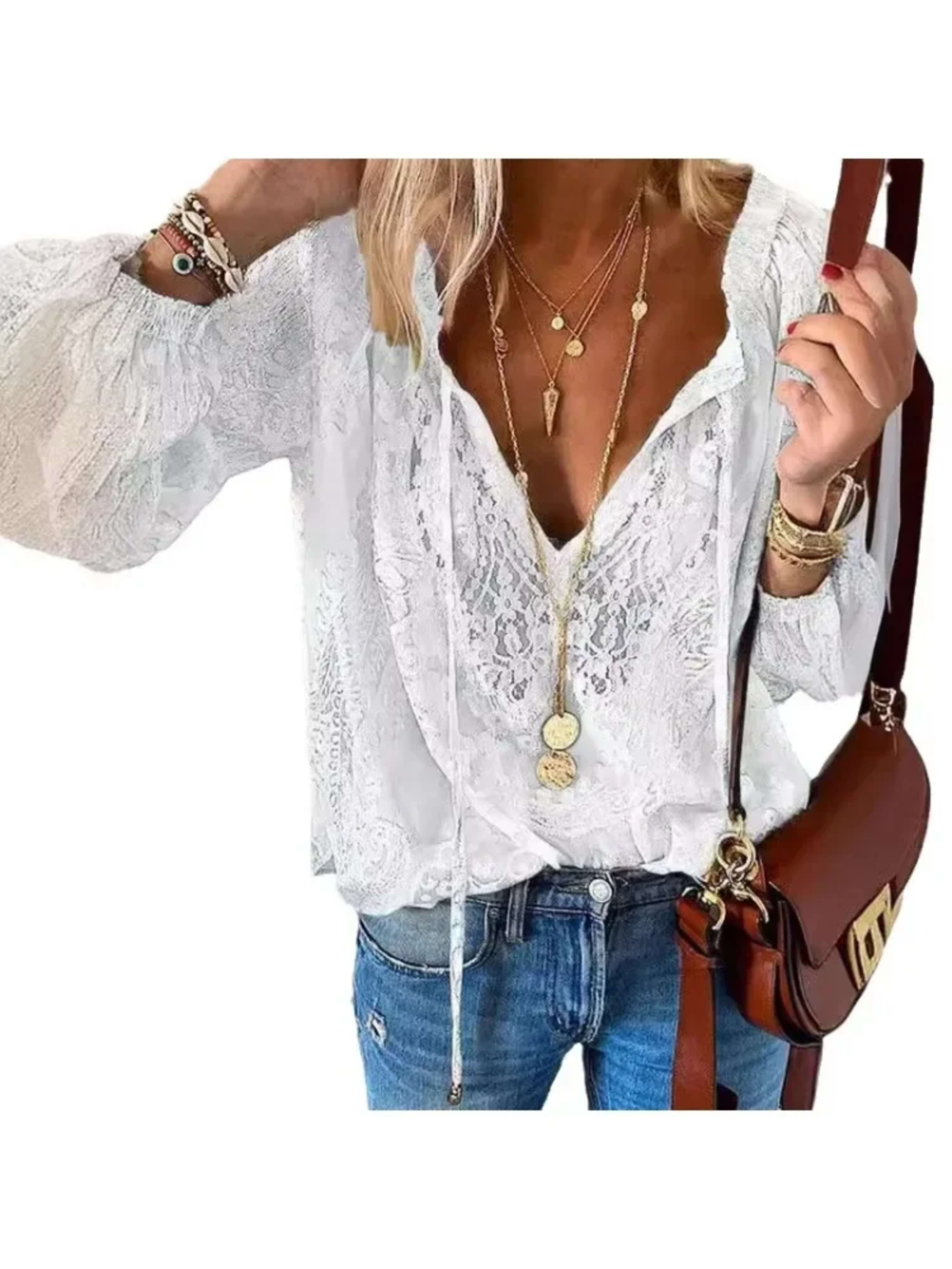 Women's Blouses Fashion Boho Lace Hollow Out Deep V Neck Pullover Shirt Women Elegant Casual Blouse Female Tops Spring S 3