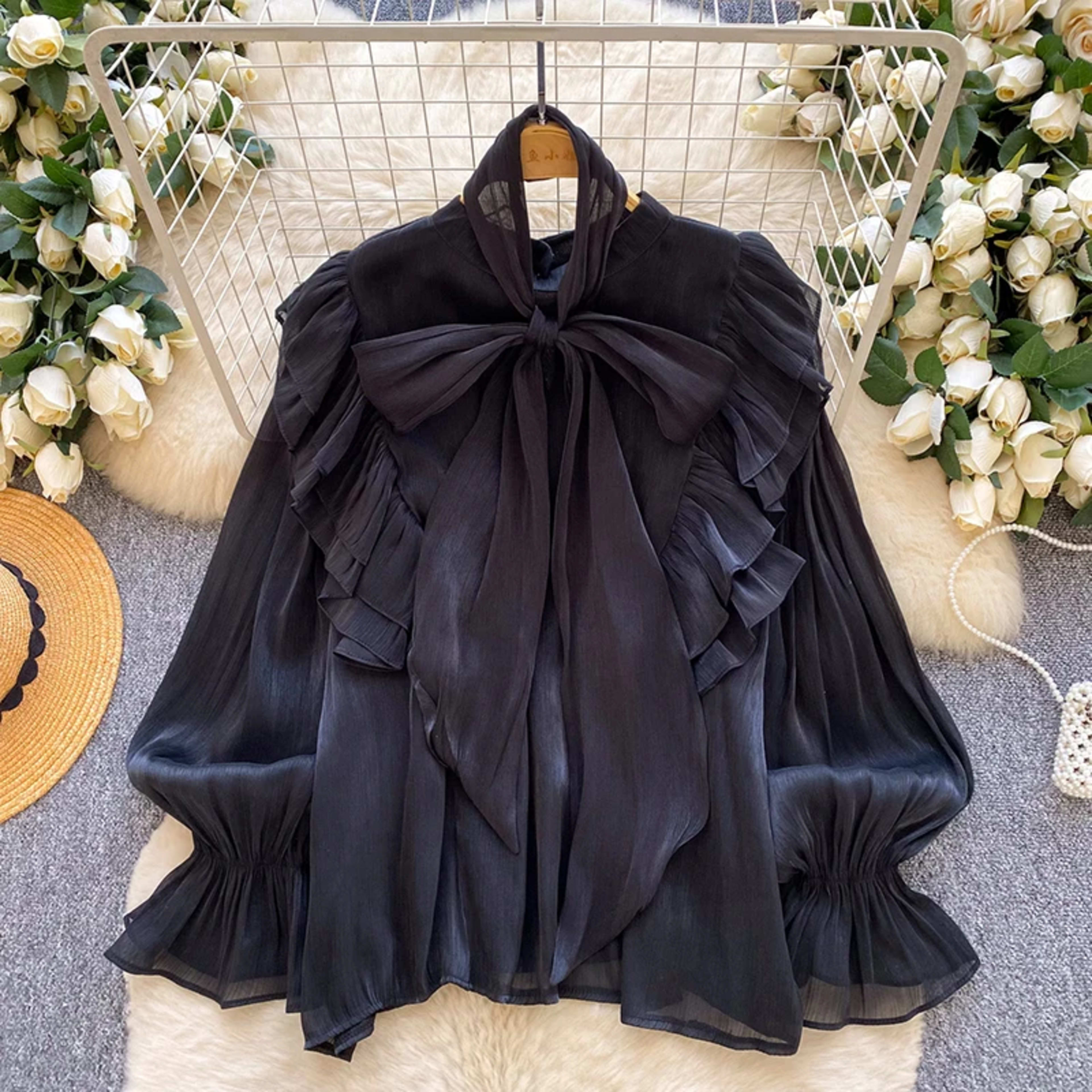 Women Blouse Elegant Bow-detailed Chiffon Blouse Ruffle Hem Featuring Lightweight Layering Piece Spring Summer Blusa Top