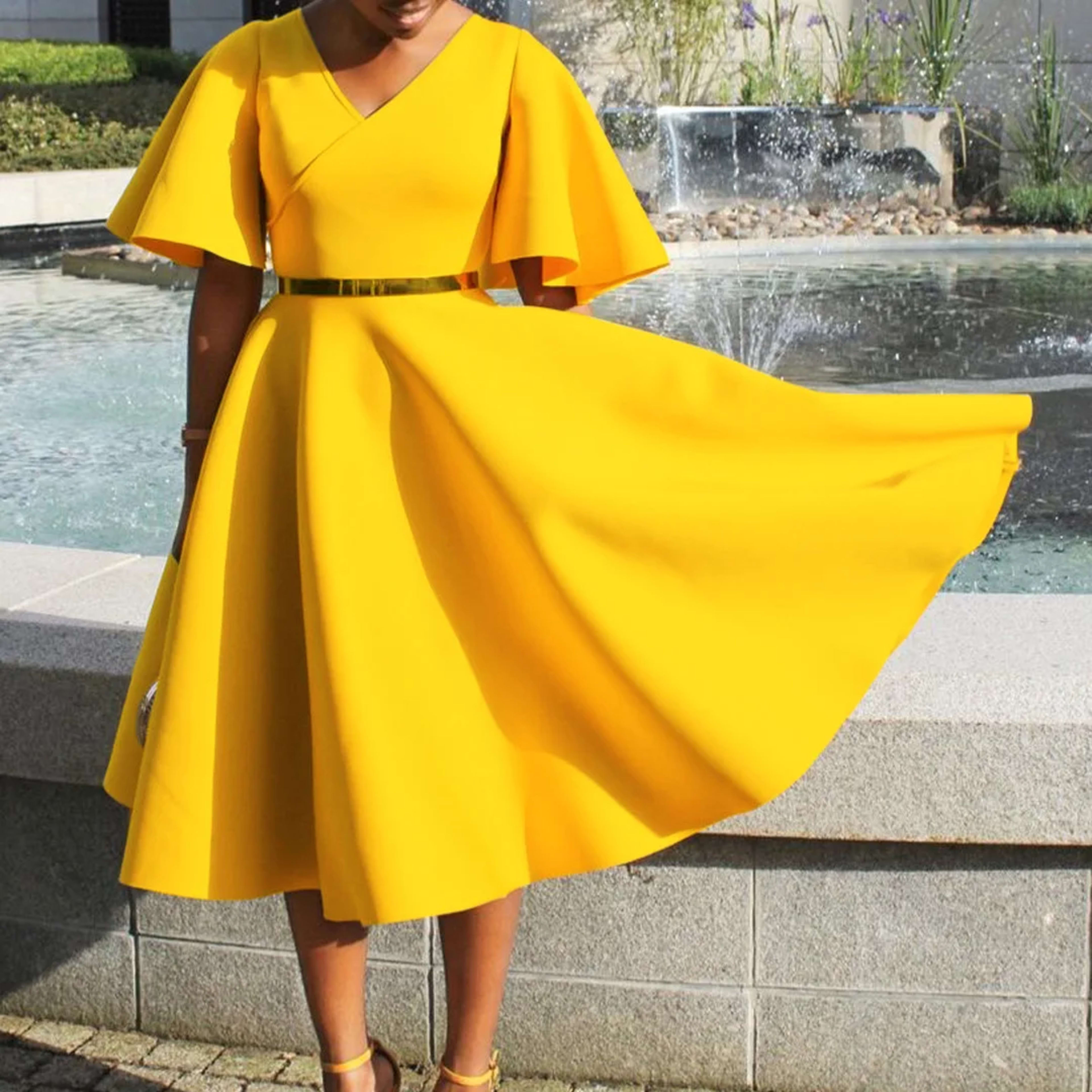 Elegant Dresses for Women V Neck Flare Sleeve High Waisted Pleated A Line Mid Calf Luxury Birthday Party Dinner Vestidos 2