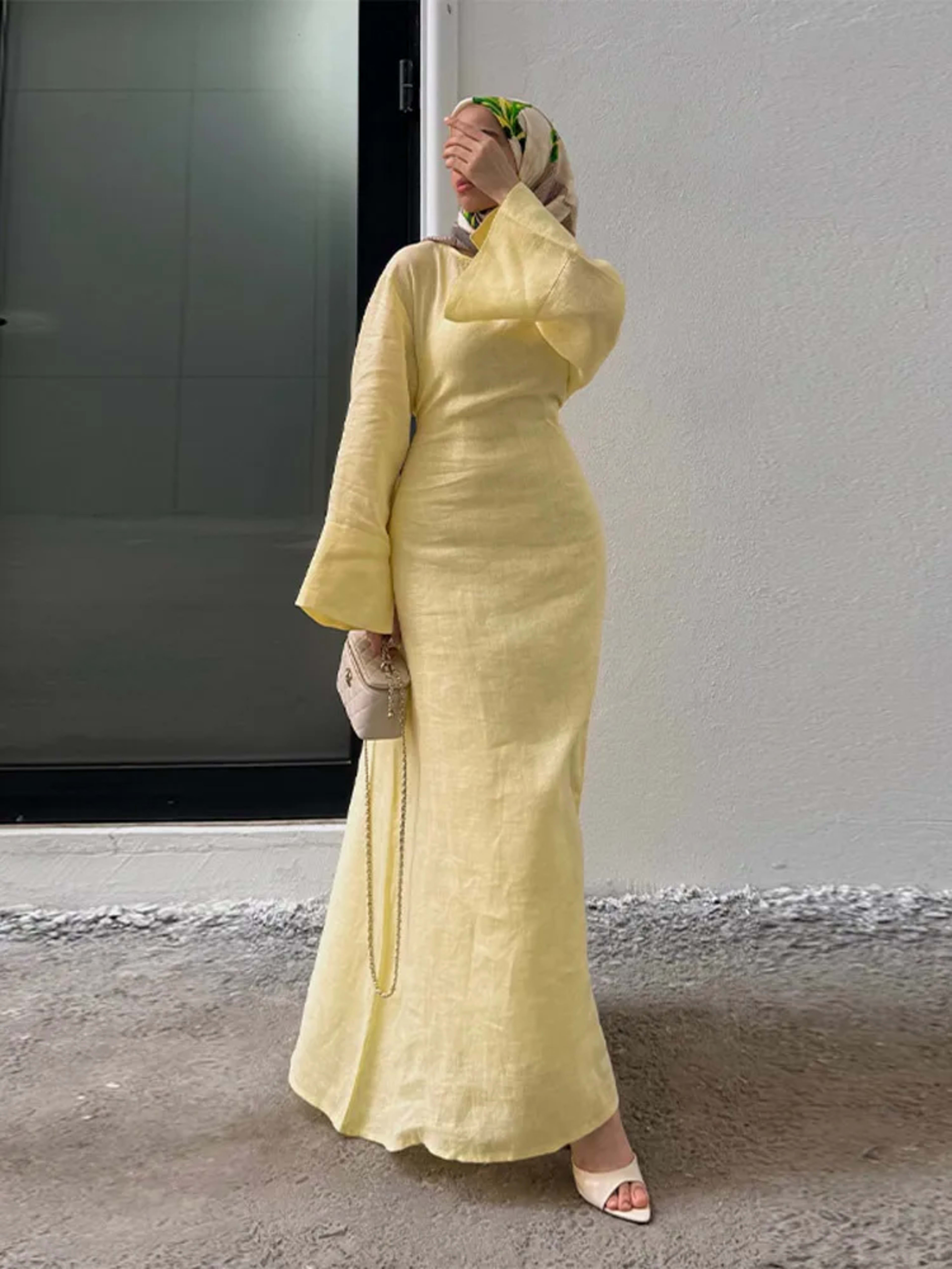 Women' Dresses Elegant O-Neck Cotton Lined Back Lace Up  Flare Sleeve Waist Cinching Long Robes Female Summer Lady Dress 3