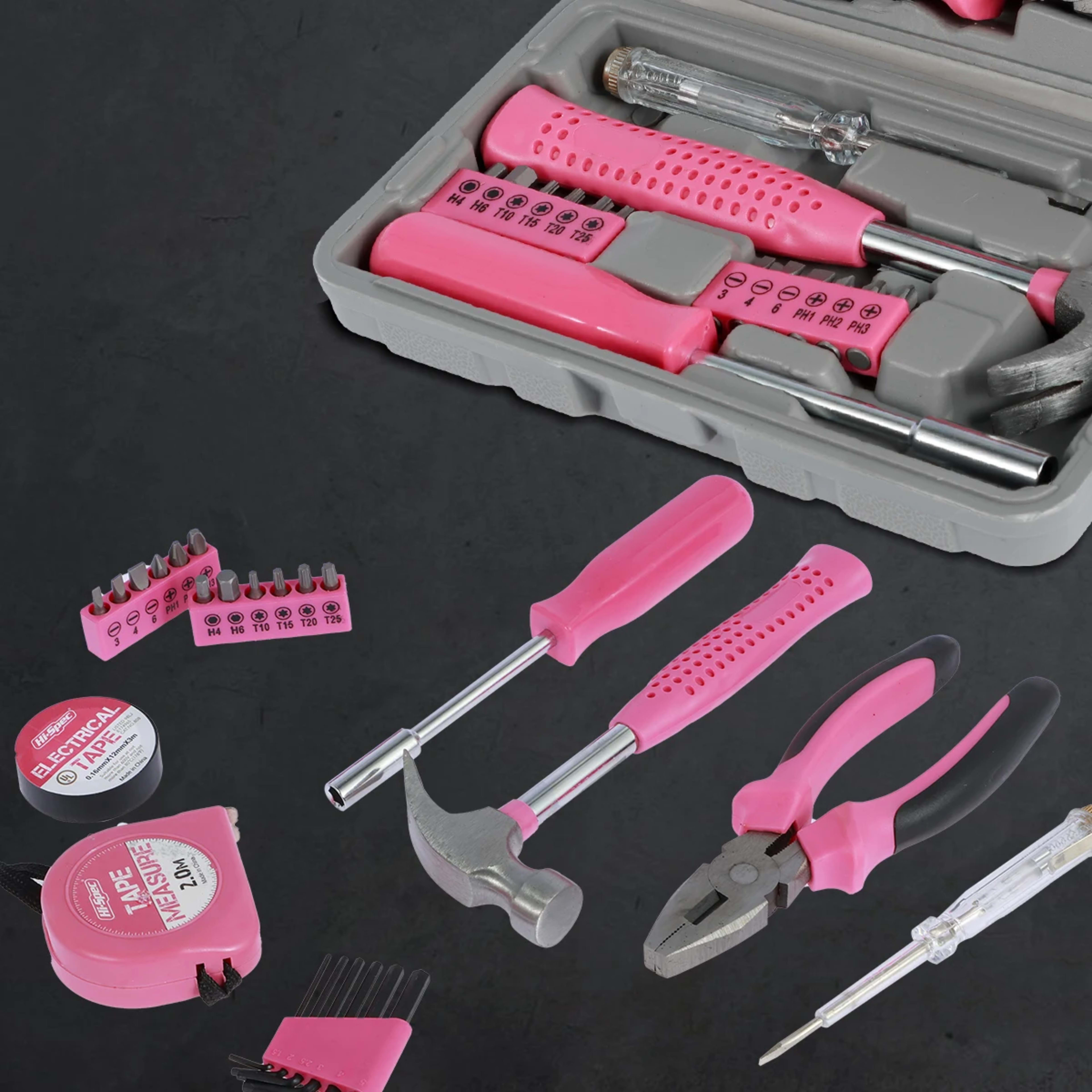 13/24Pcs Household Repair Tool Kit Multi-Purpose Pink Home Hand Tool Set with Storage Case Durable Hammer and Allen Key  4