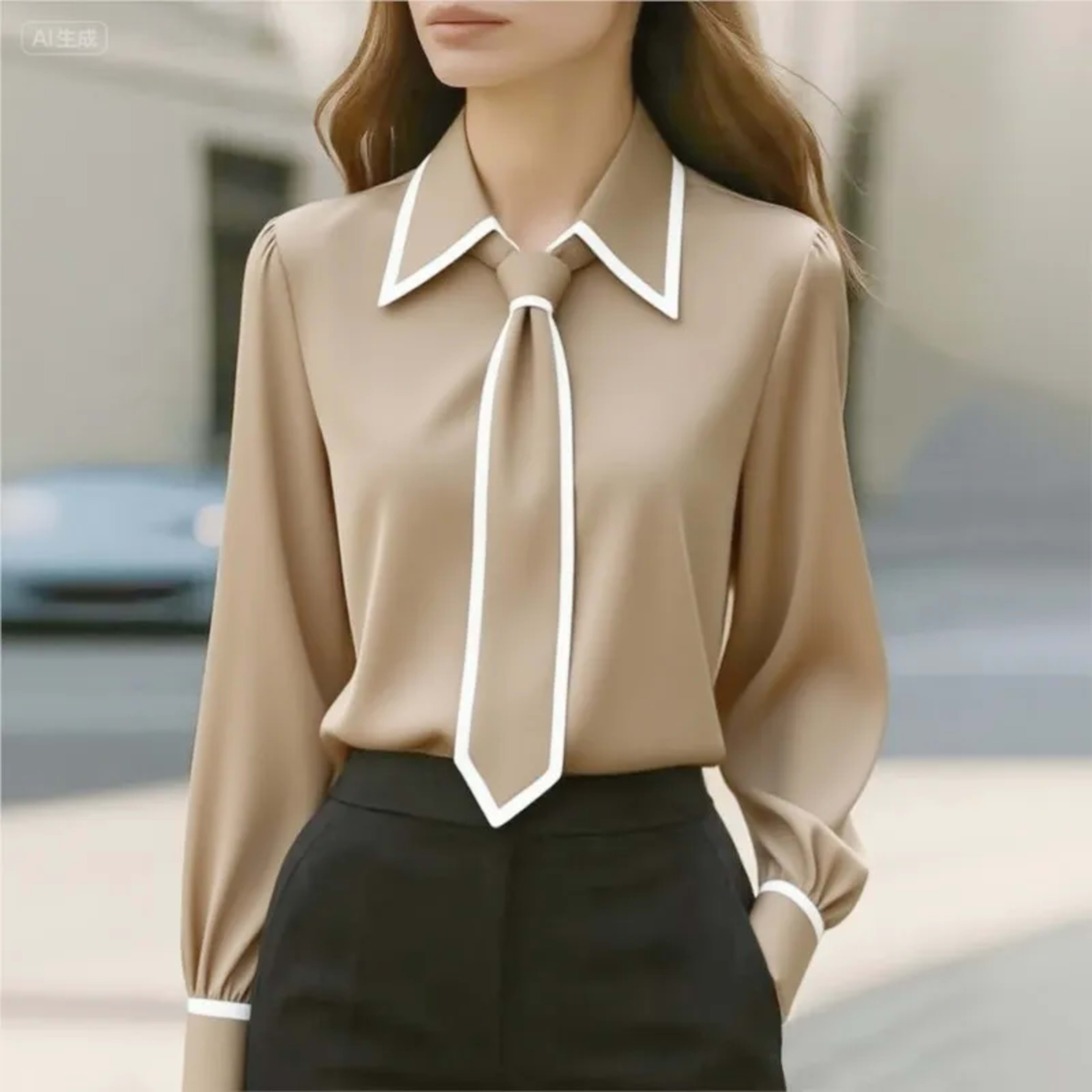 Women's Blouse Fashion Shirt Formal Bow Tie Long-sleeve Contrasting Trim Tops Slim-fit Workwear Elegant Office Lady Shir 2