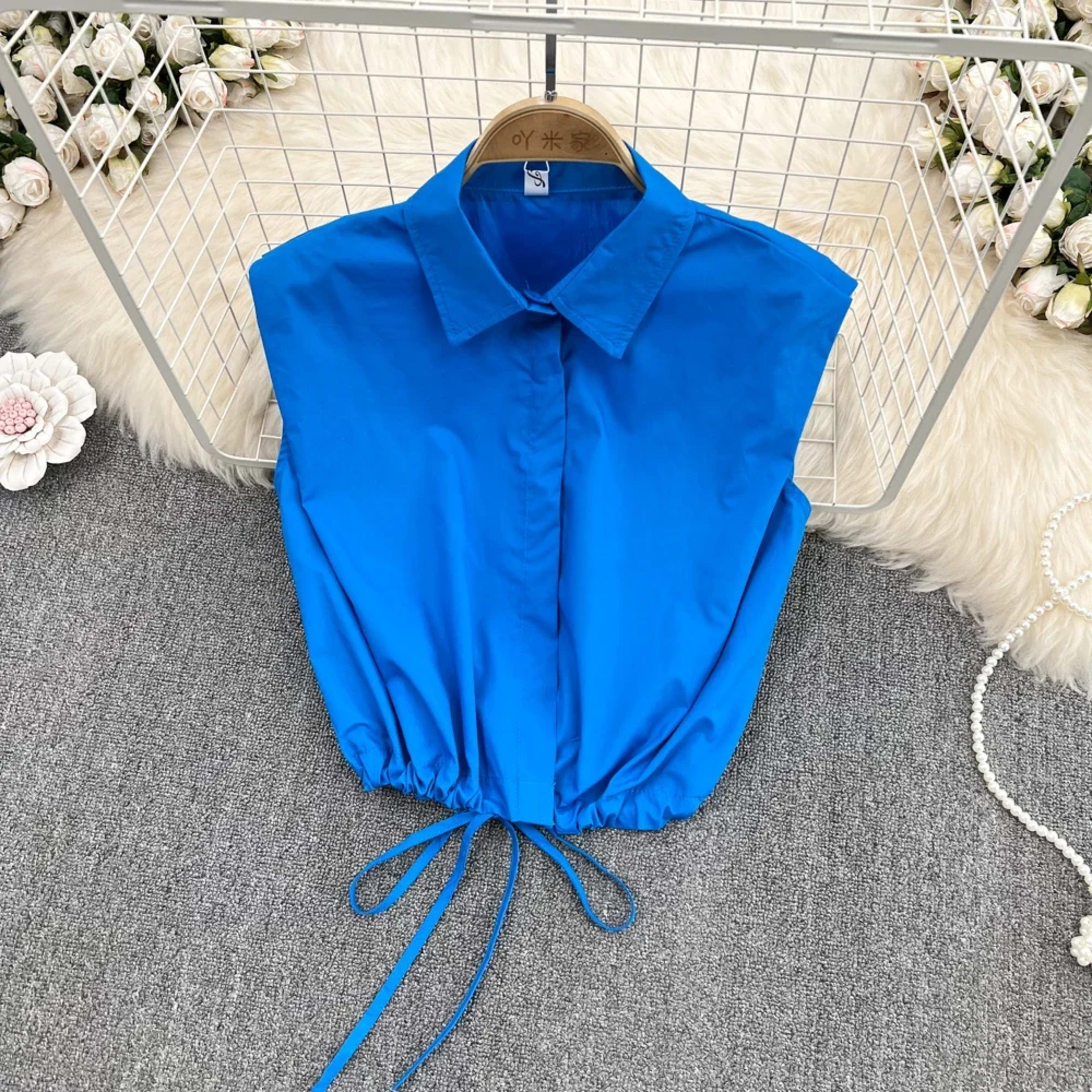 Women Blouse Tops Turn-down Collar Solid Color Sleeveless Draw String Blusas Femininas Vintage Summer Camisas Almighty D 1