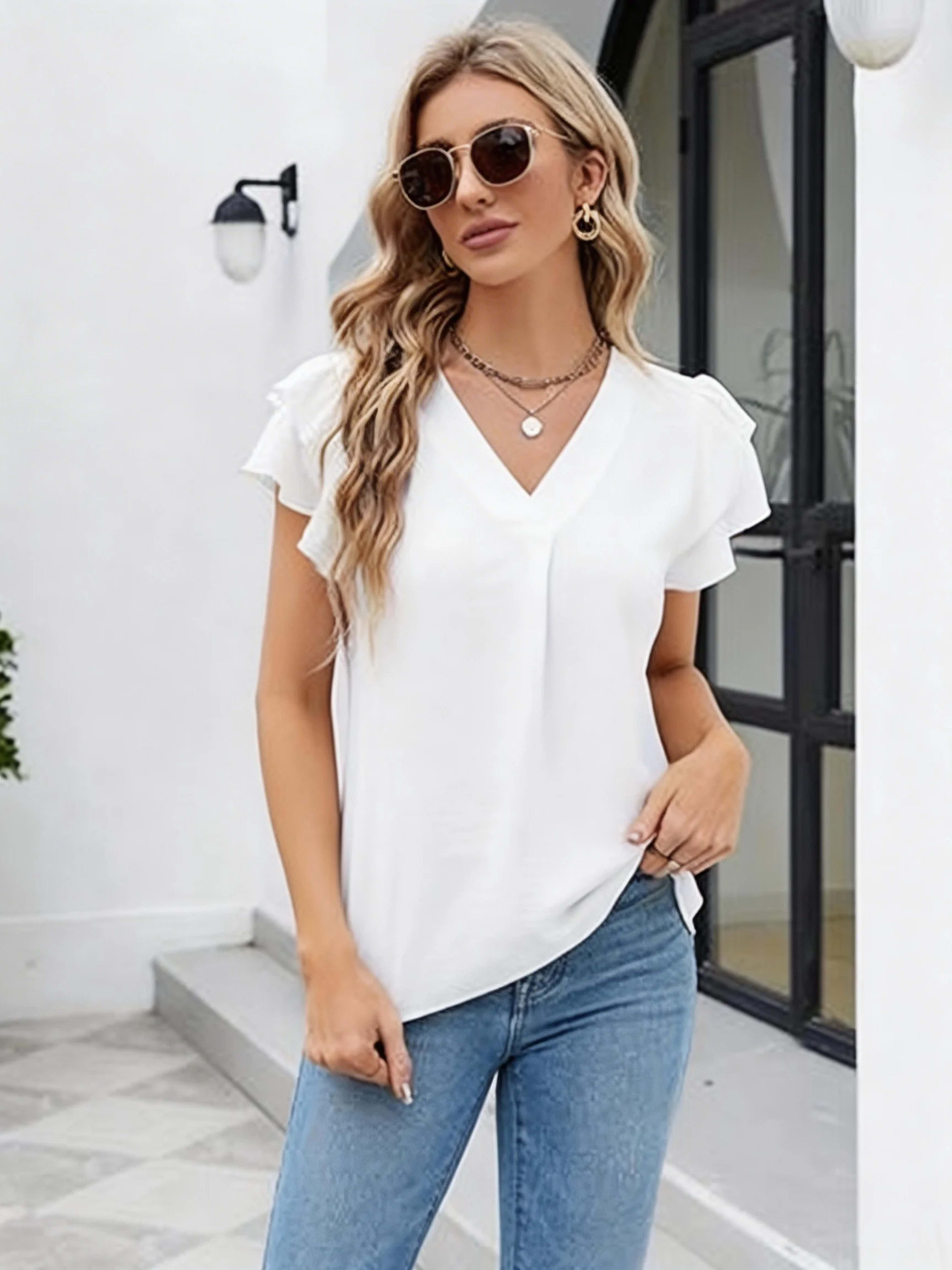 Women's Casual Blouse - V-Neck Ruffle Sleeve Top with Soft Wrinkled Fabric for Daily Wear 8