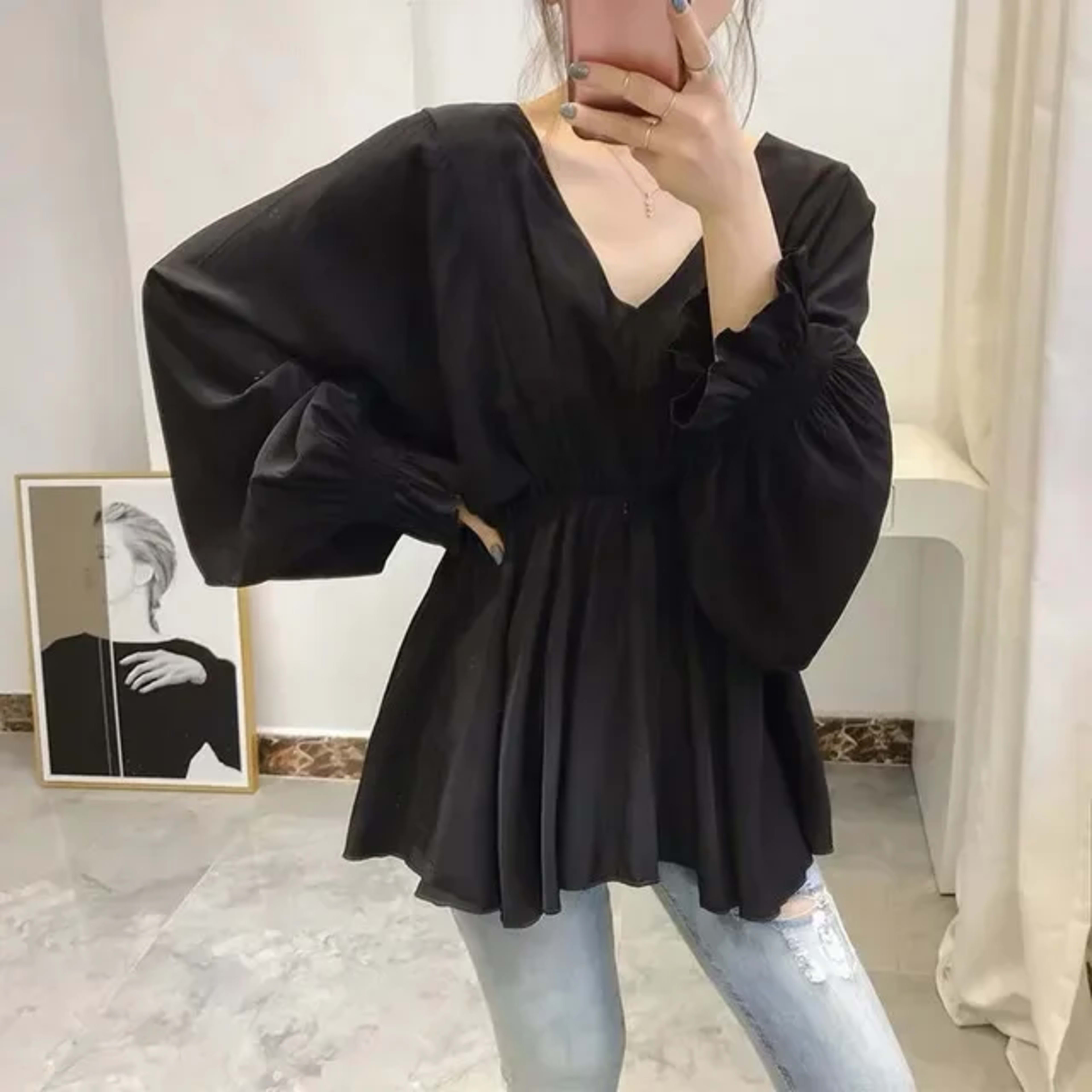Blouse For Women Oversized Tops Long Sleeve V-neck Chiffon Slim Waist Shirts 2025 Blusas Mujer De Moda Folds Chic Summer 6