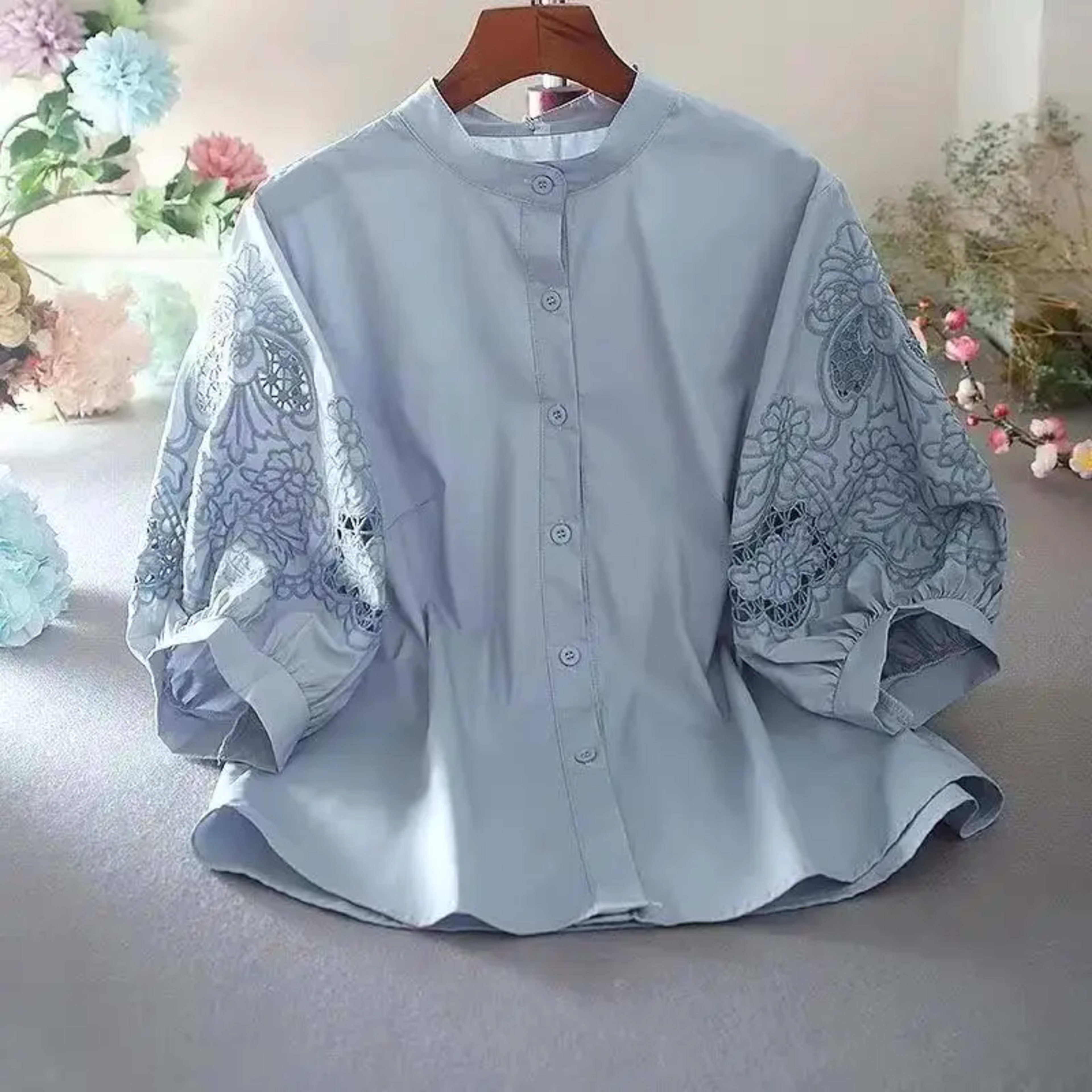 Women's Blouse 2025 Spring Summer Hollow Heavy Embroidery Ladies Tops Stand Collar Temperament Lady Loose Lantern Sleeve 1
