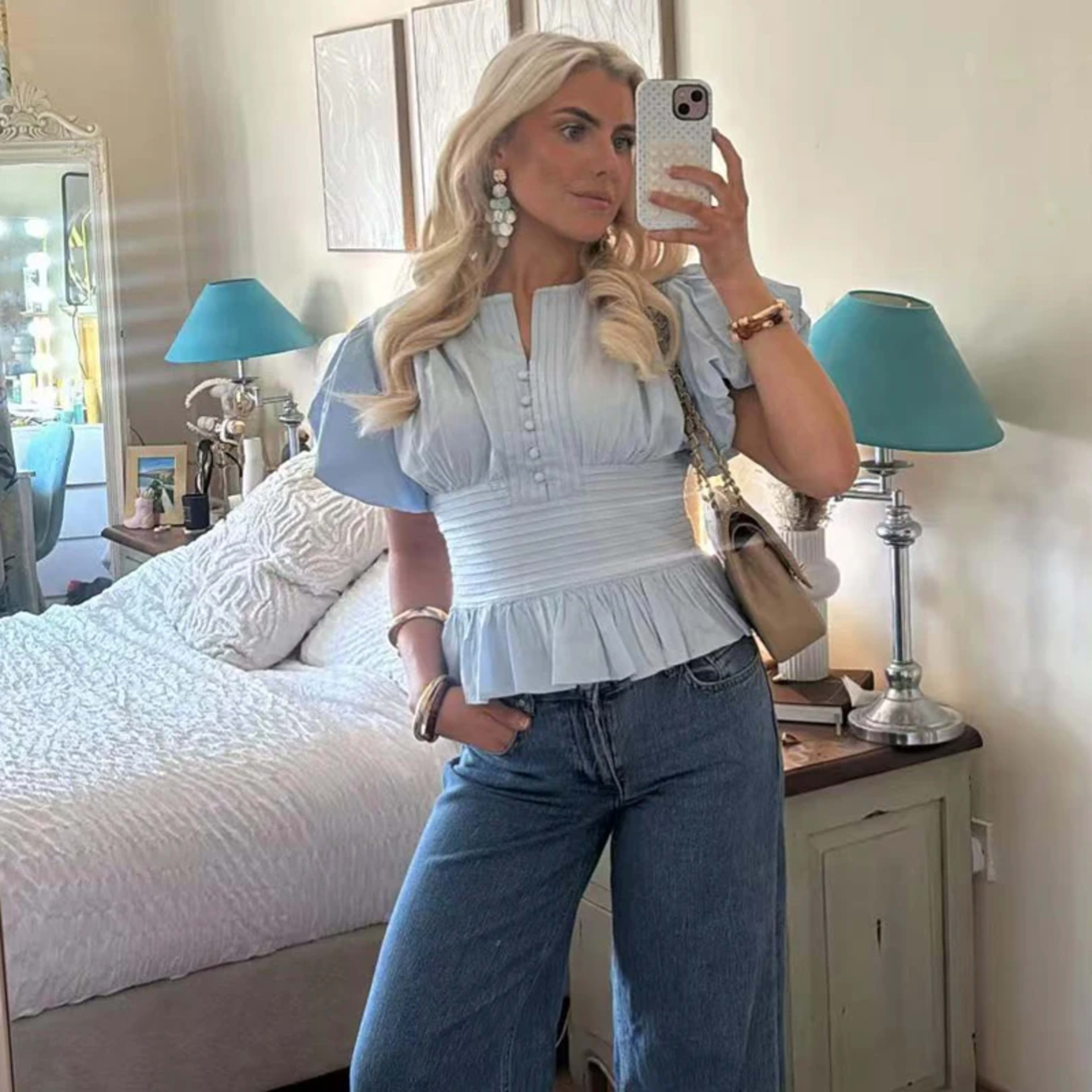 MUJER Blue Ruffle Blouses for Women Puff Sleeve Woman Blouses and Tops Summer Casual Crop Top Woman Fashion Woman Blouse 2