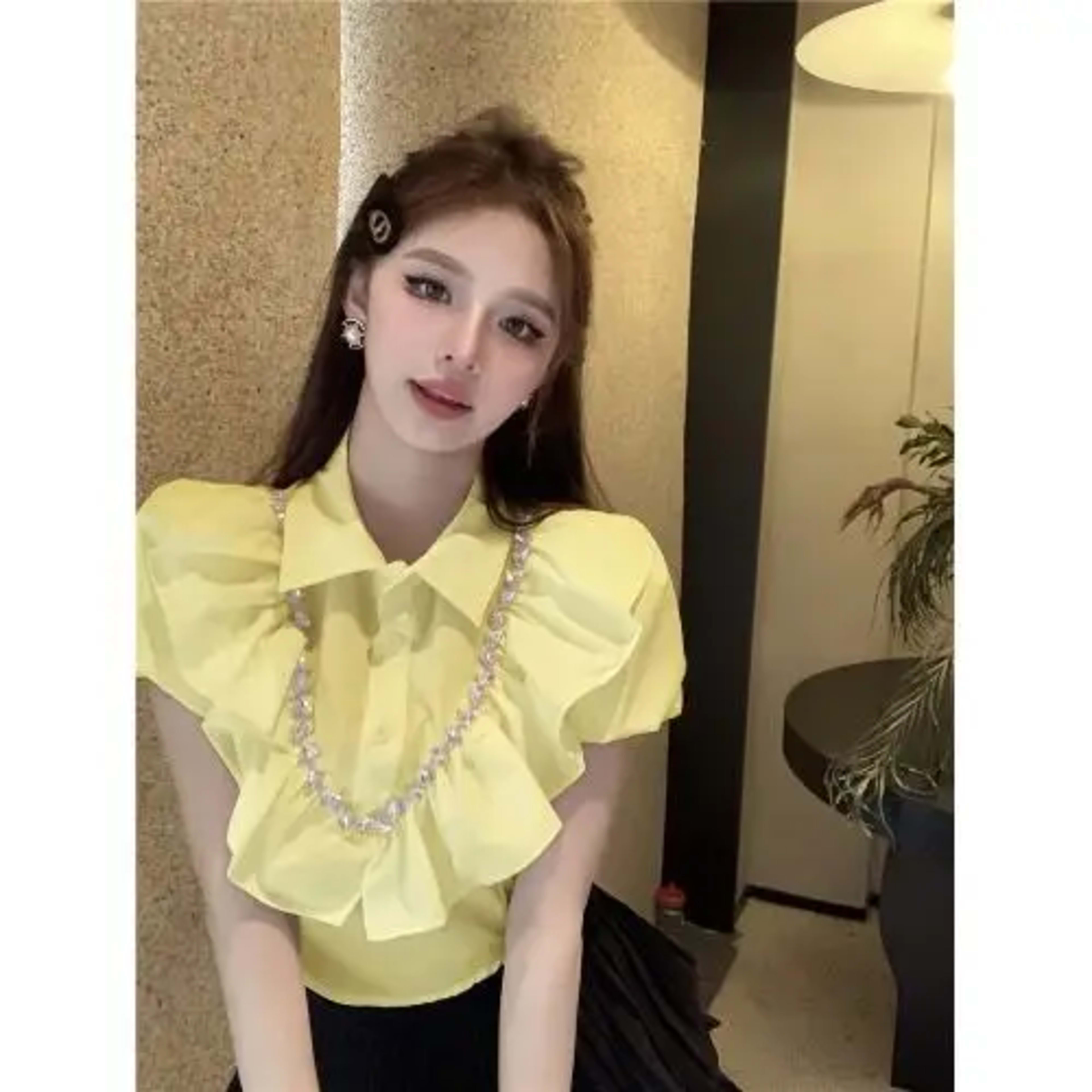 White Women Blouses 2025 Blusas Mujer De Moda Puff Sleeve Slim Fit Heavy Diamond Crop Tops Ruffles Sweet Summer Blouse S 8
