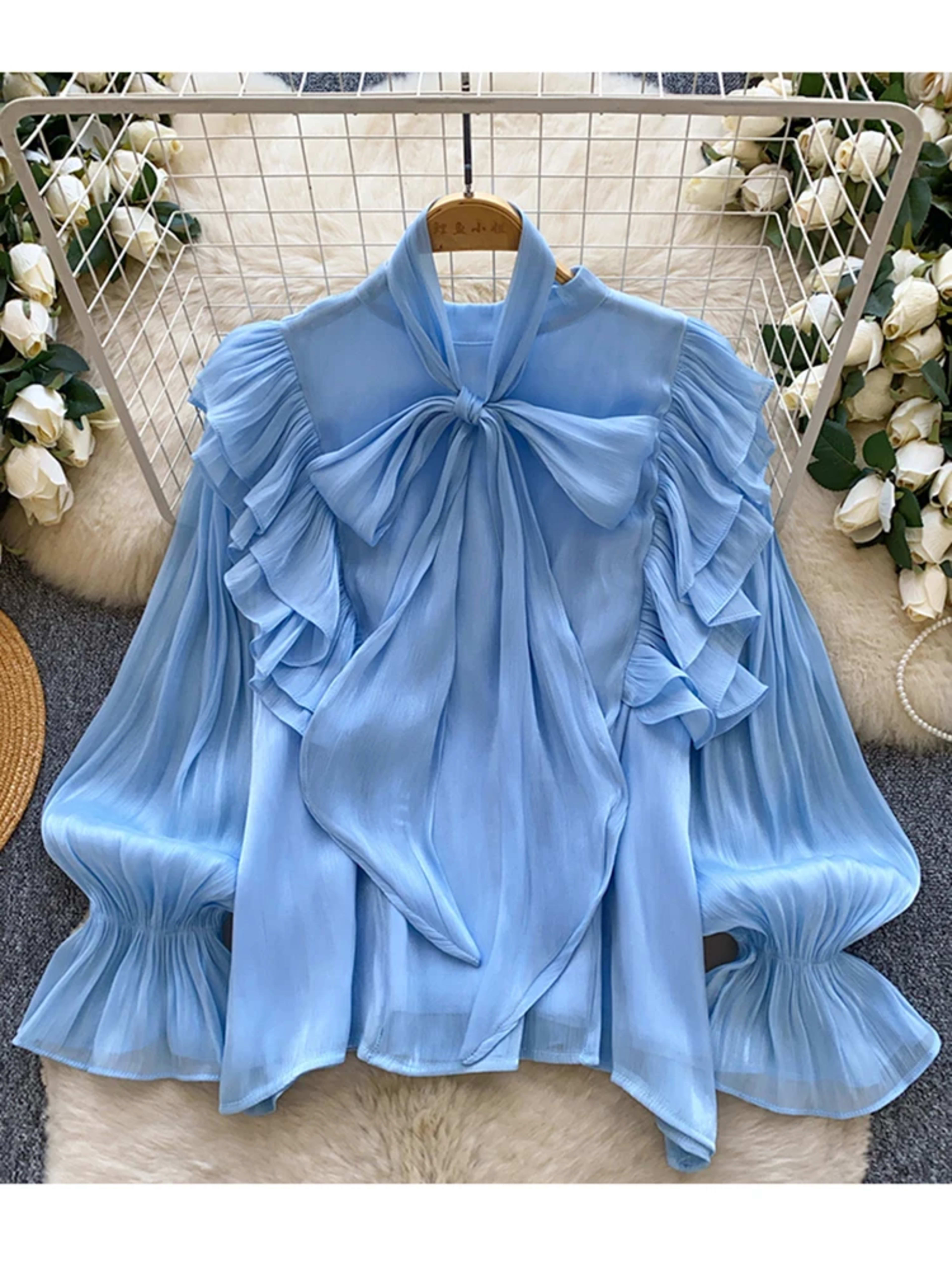 Women Blouse Elegant Bow-detailed Chiffon Blouse Ruffle Hem Featuring Lightweight Layering Piece Spring Summer Blusa Top 1