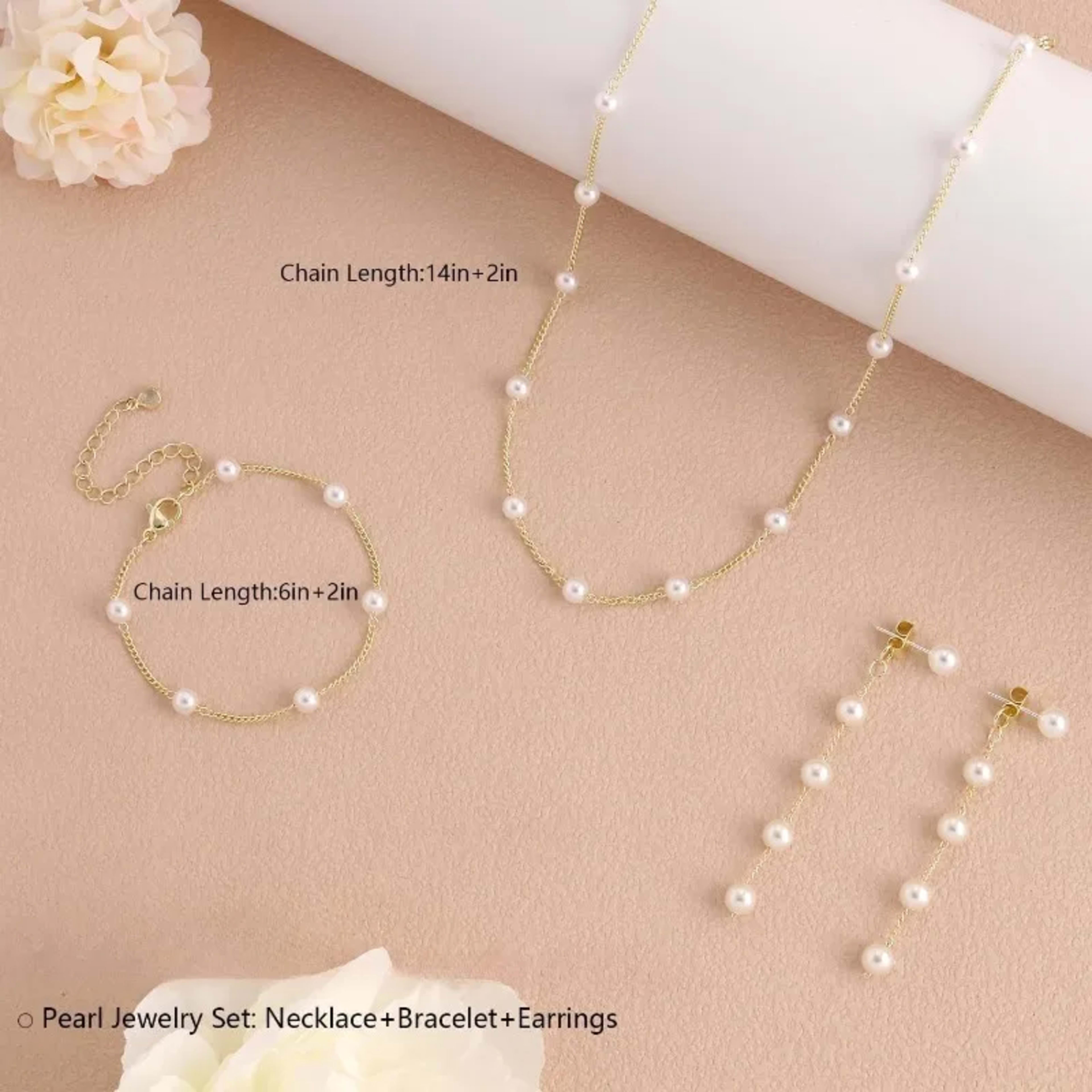 Gold Jewelry Set for Women, Dainty 14K Gold/Silver Plated Pearl Necklace and Earring Set with Drop Earrings Bracelets Ne 5