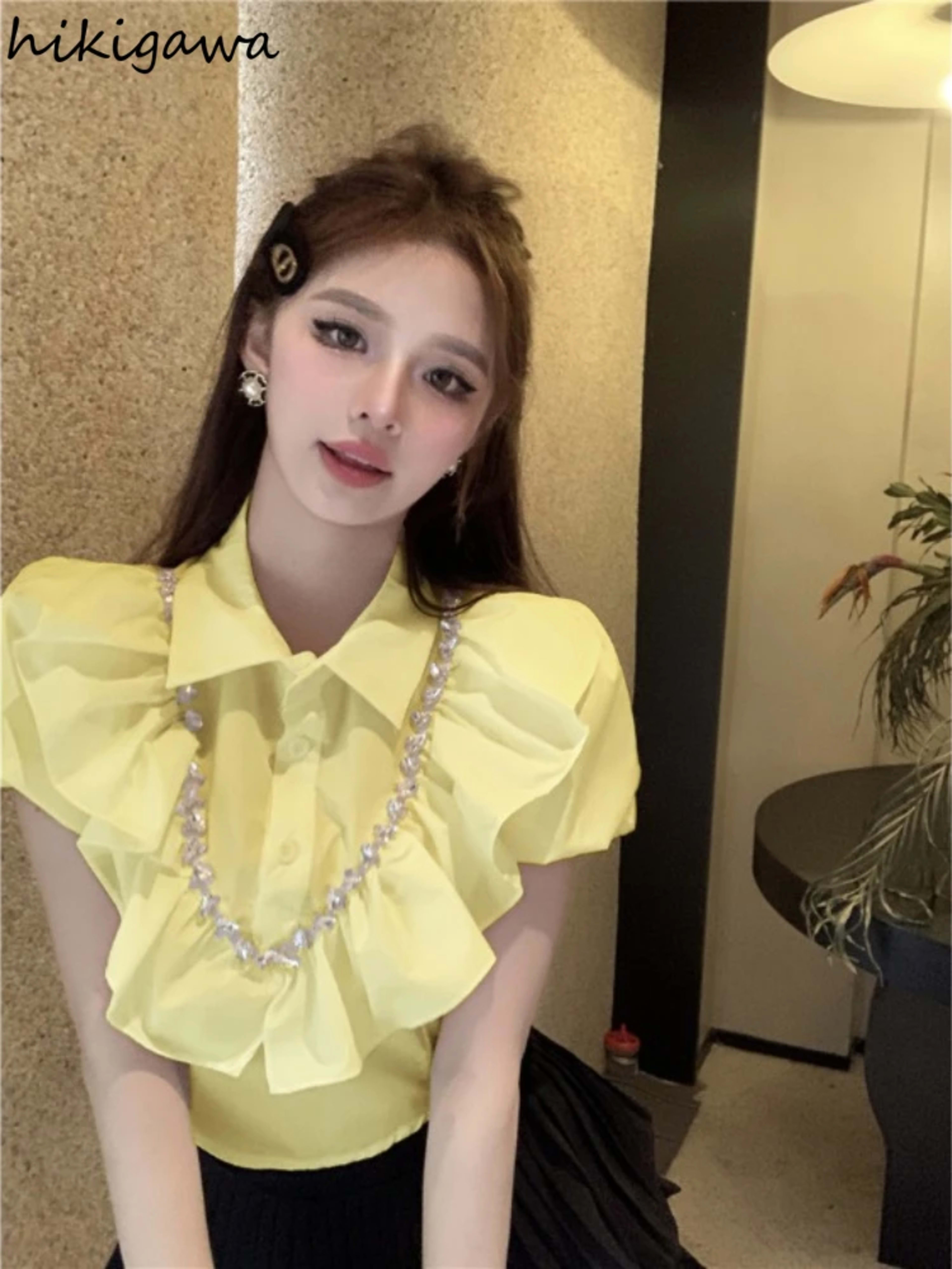 White Women Blouses 2025 Blusas Mujer De Moda Puff Sleeve Slim Fit Heavy Diamond Crop Tops Ruffles Sweet Summer Blouse S 4