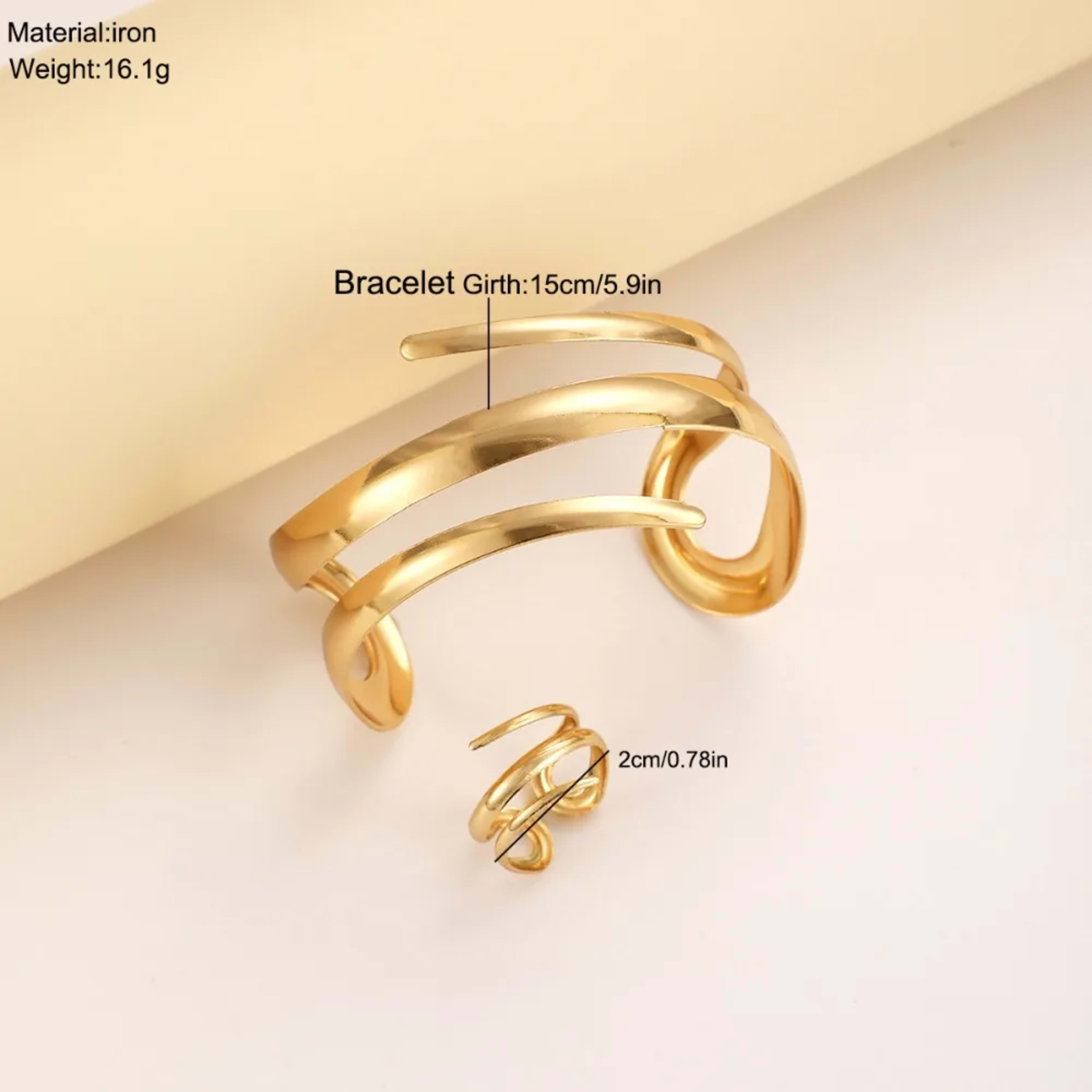 European and American Thick Bracelet and Ring Jewelry Set for Women Gold Color Geometric Line Bracelet Ring Combination  5