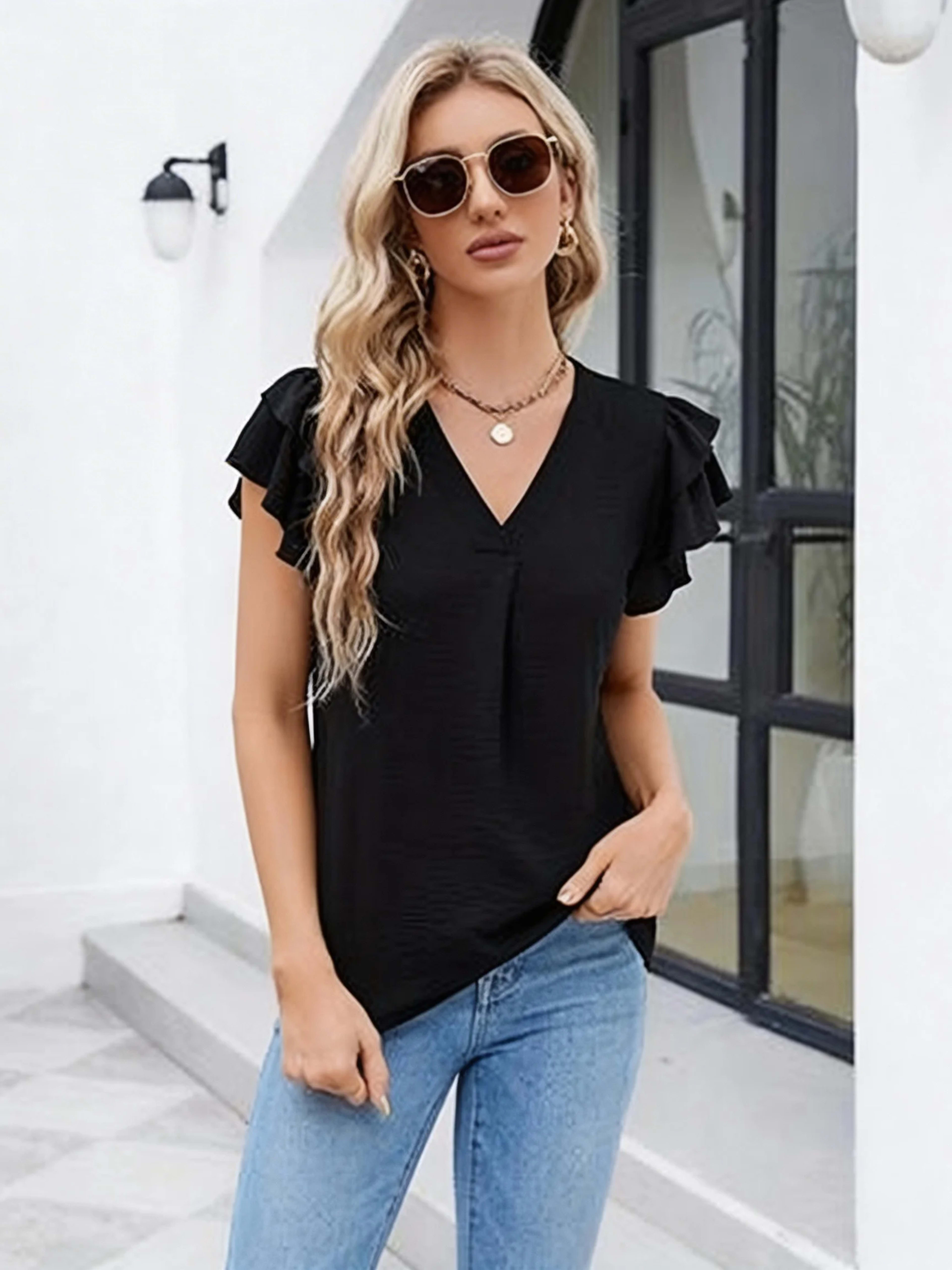 Women's Casual Blouse - V-Neck Ruffle Sleeve Top with Soft Wrinkled Fabric for Daily Wear 3