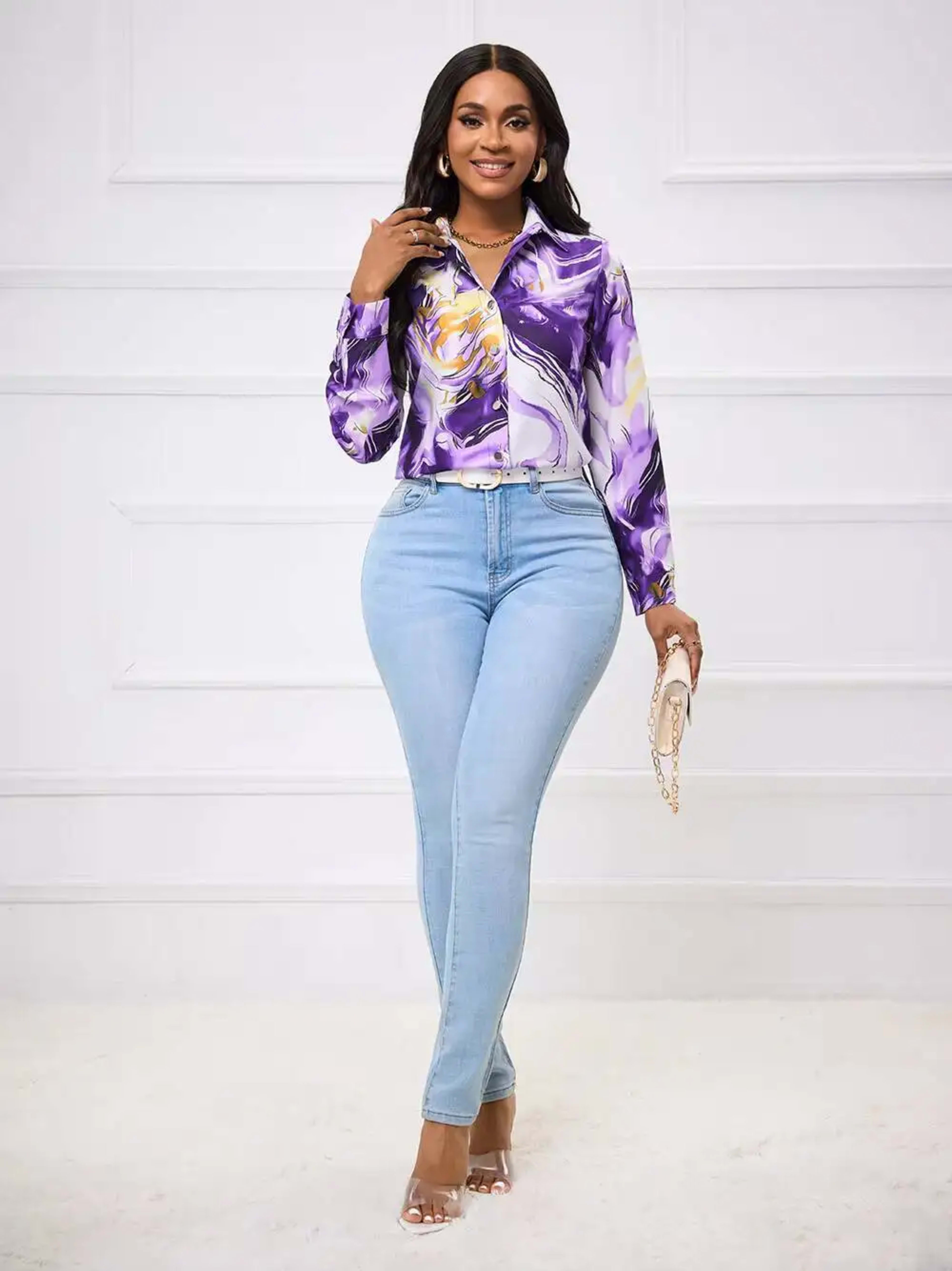 Women's Blouse Spring Summer Purple Gold Marble Print Collar Front Button Long Sleeve Satin Luxury Elegant Daily Office  5