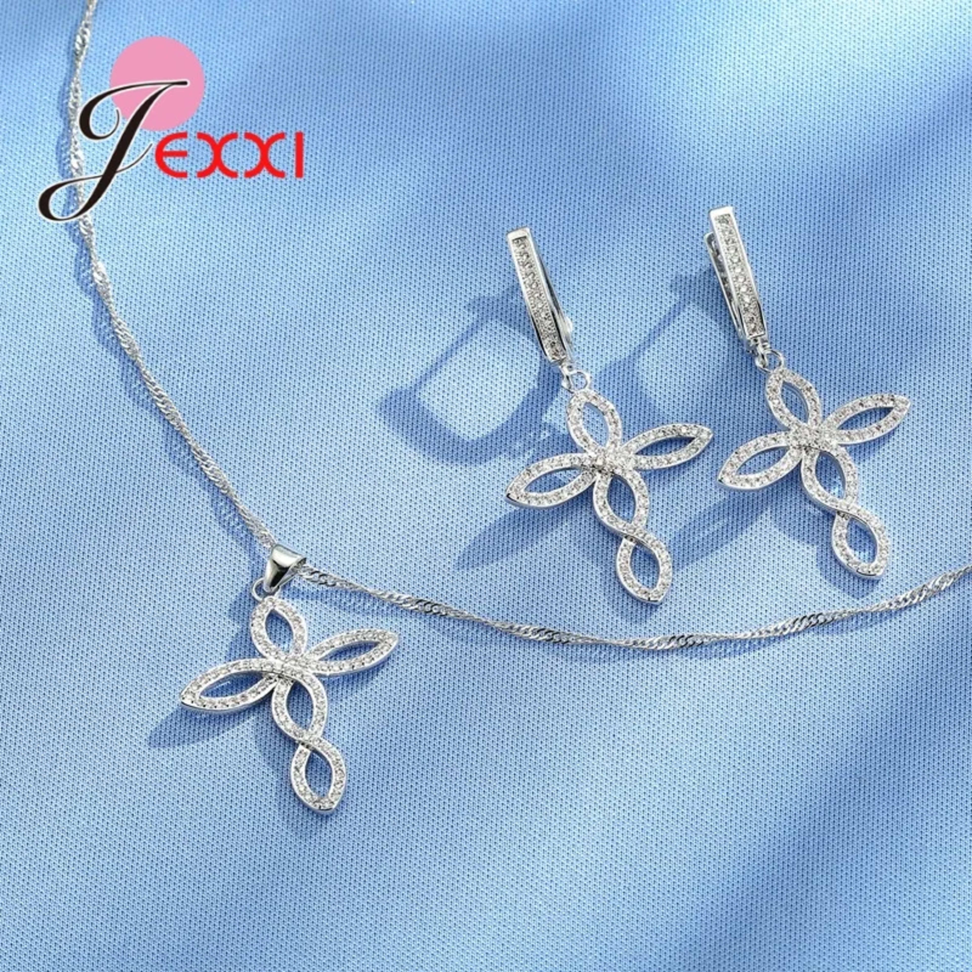 Women Wedding Jewelry Sets Charm Crystal Crooked Cross Pendant Necklaces Earrings Sets Shininy 925 Sterling Silver  Bijo 2