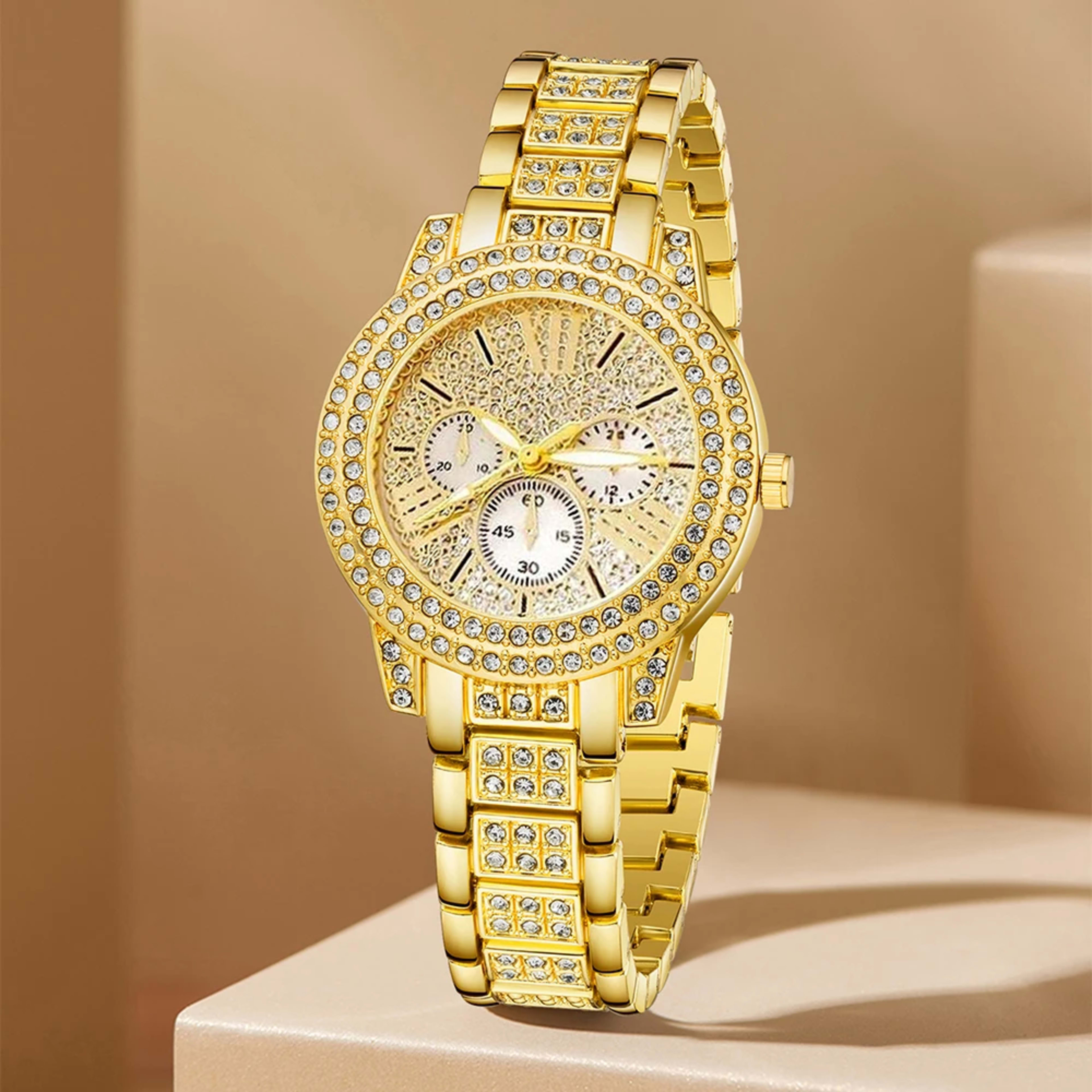Women's Quartz Watch Gold Luxury Women Ring Necklace Earring Rhinestone Fashion Wristwatch Casual Ladies Watches Jewelry 3