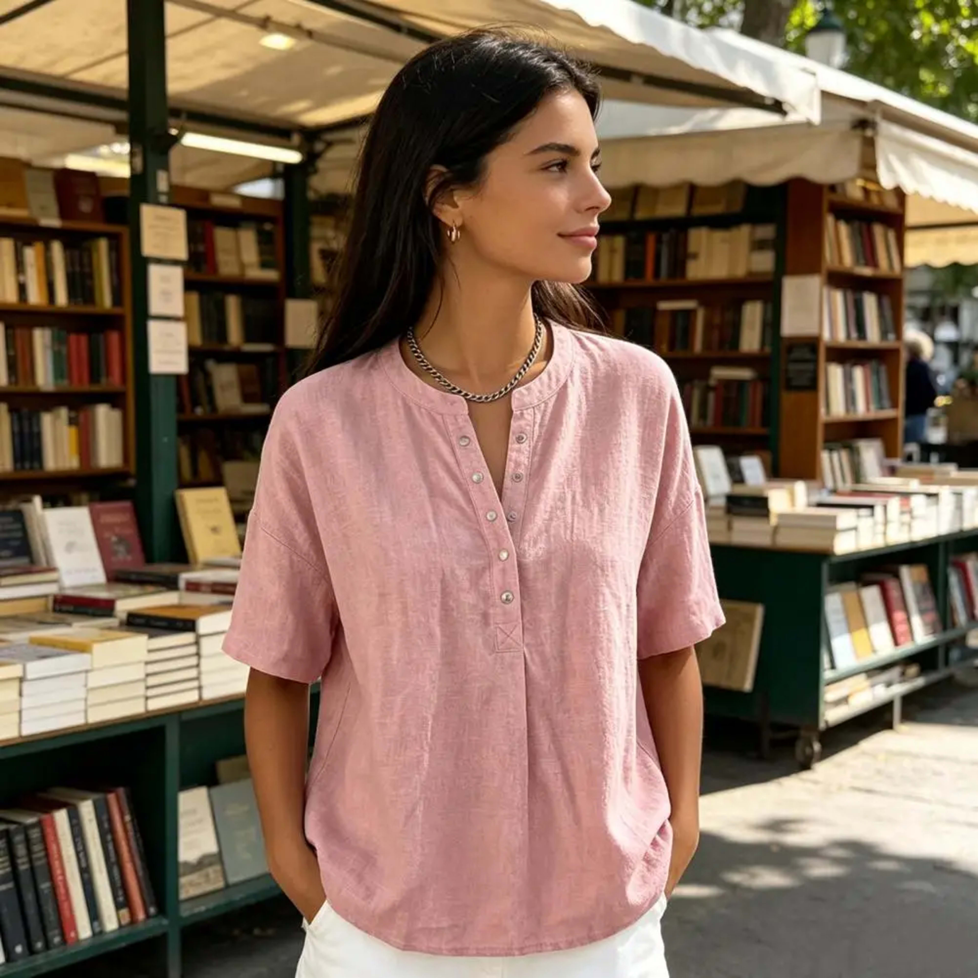 Women Tops Soft Comfortable Women Blouse Women’s V Neck Button Closure Top Short Sleeve Pullover Blouse Loose Fit Commut 4